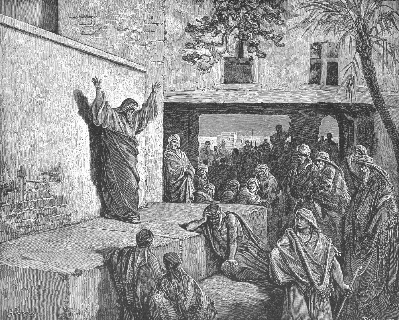 Micah Exhorting Israelites to Repentance, wood engraving by Gustave Doré, illustrating Micah 6:7