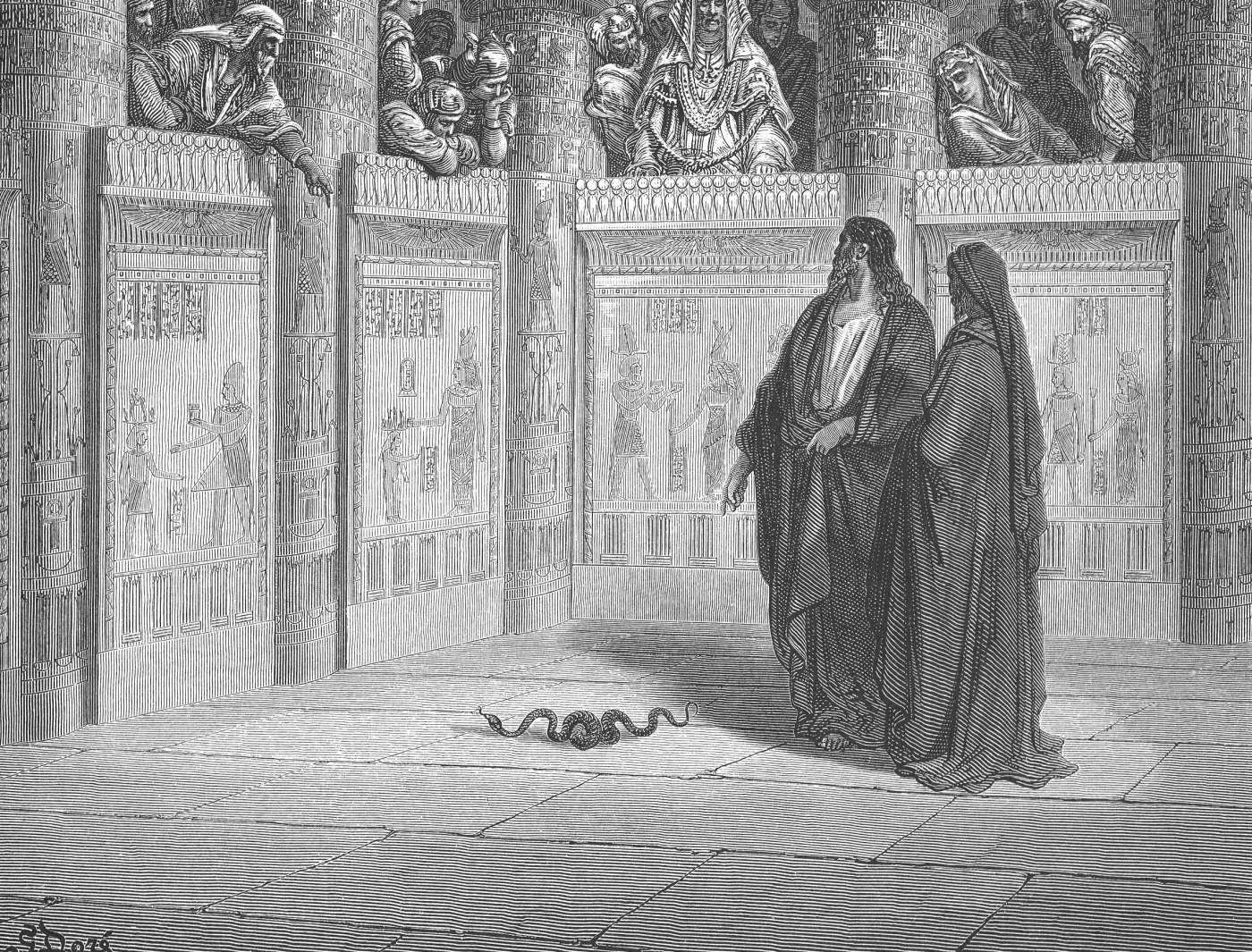 Moses and Aaron before Pharaoh, wood engraving by Gustave Doré, illustrating Exodus 7:10
