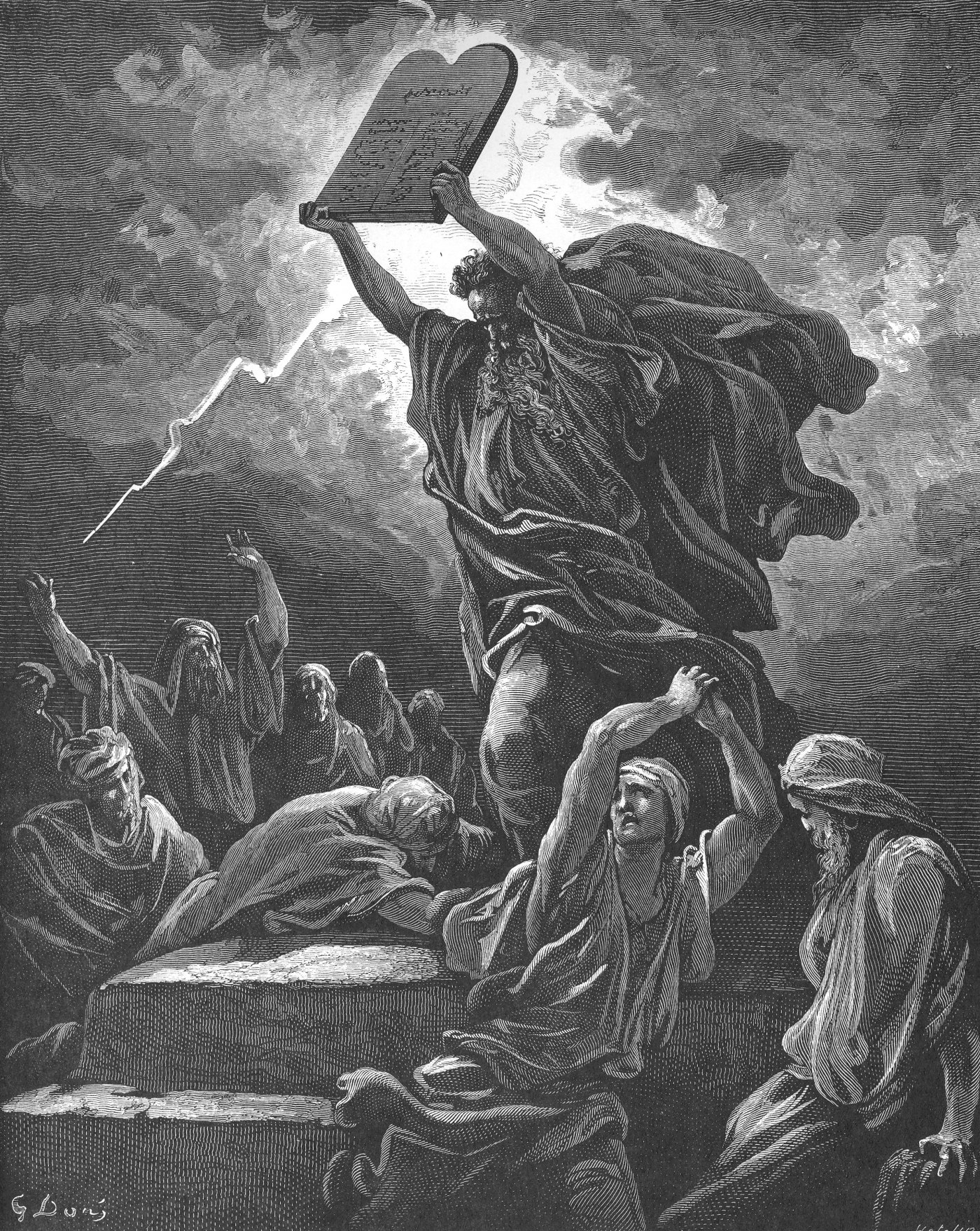 Moses Breaking the Tables of the Law, wood engraving by Gustave Doré, illustrating Exodus 32:19