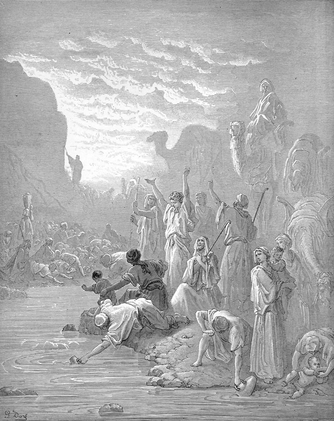 Moses Striking the Rock in Horeb, wood engraving by Gustave Doré, illustrating Exodus 17:6