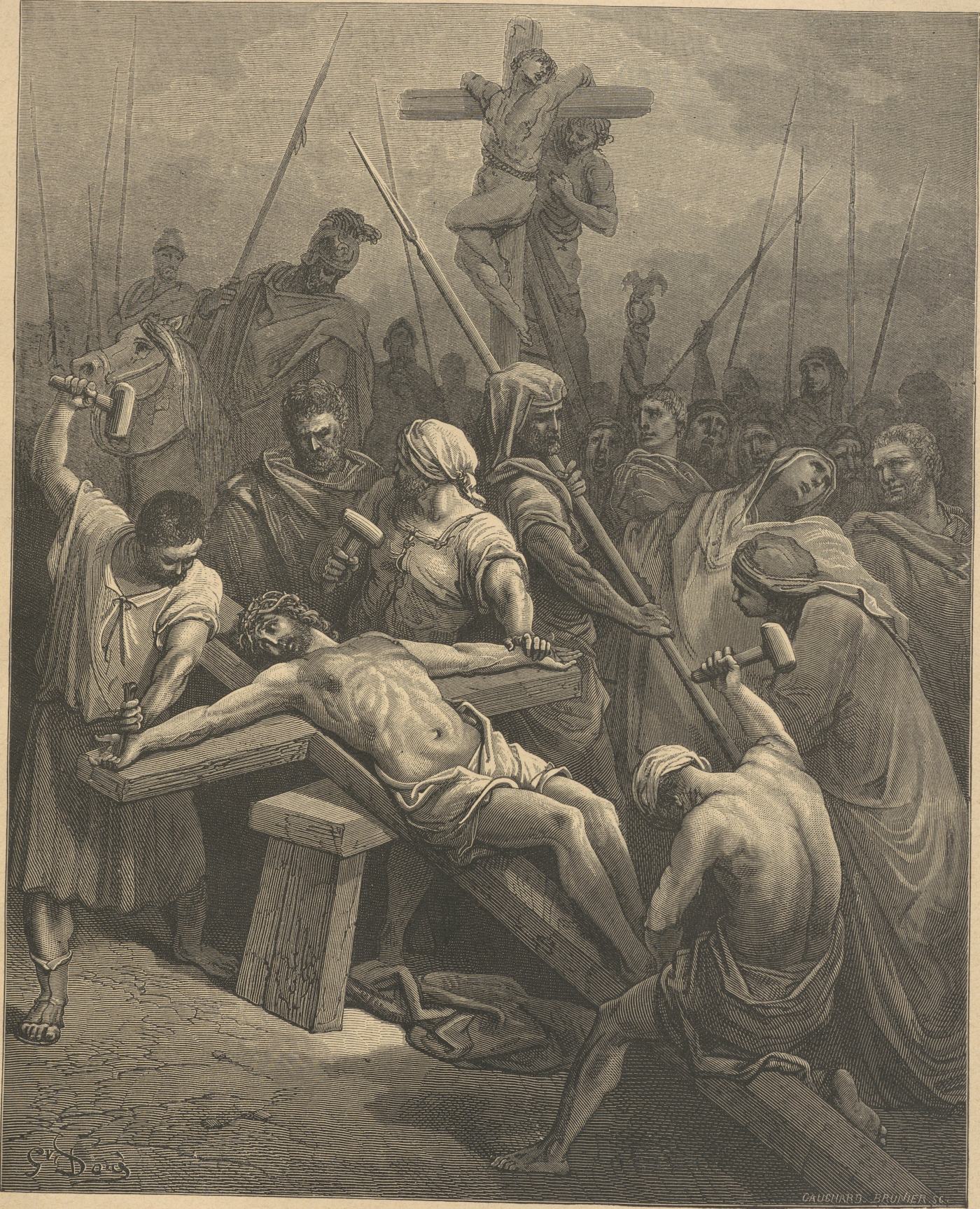 Nailing Christ to the Cross, wood engraving by Gustave Doré, illustrating John 19:18