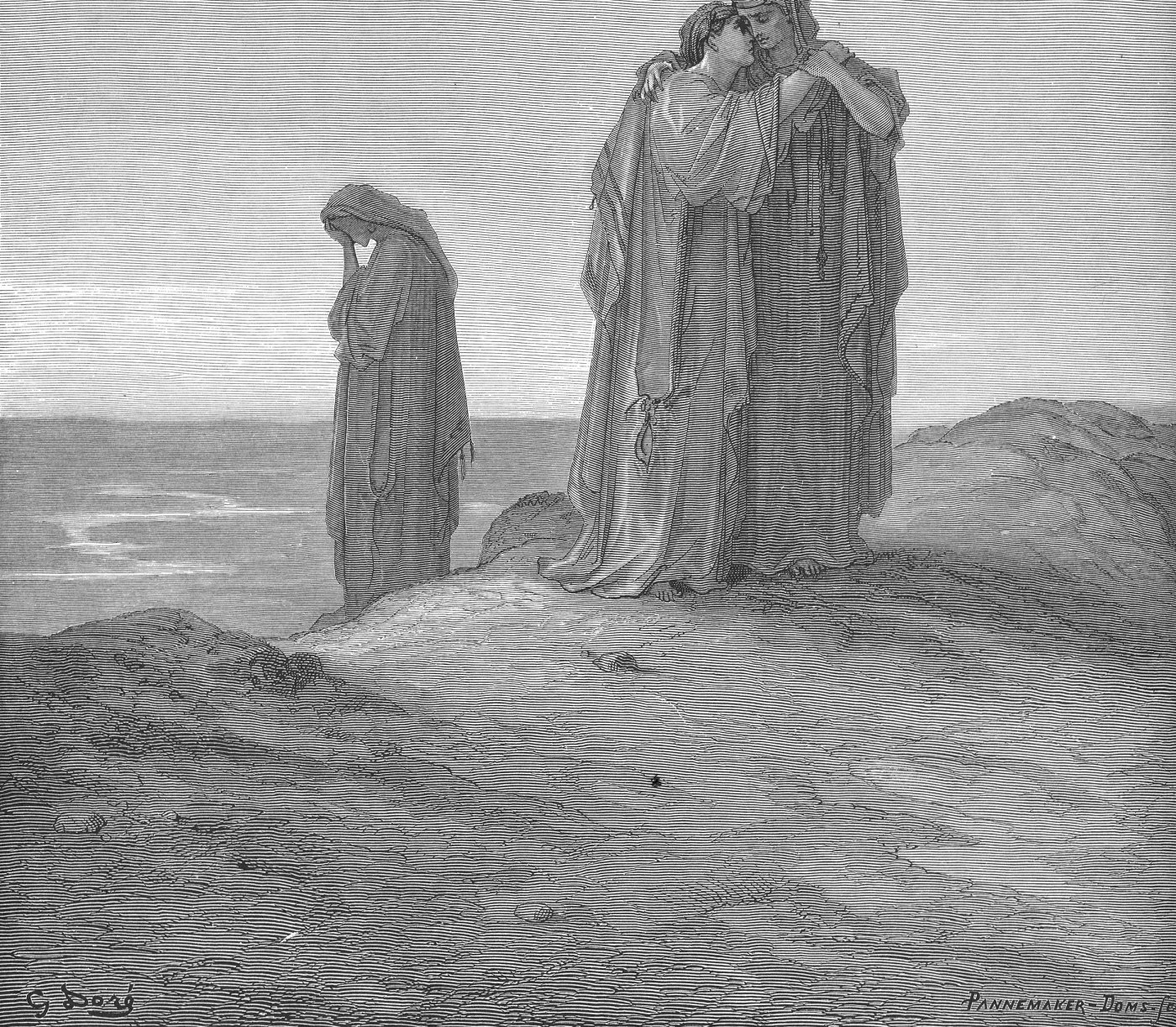 Naomi and Her Daughters in Law, wood engraving by Gustave Doré, illustrating Ruth 1:16