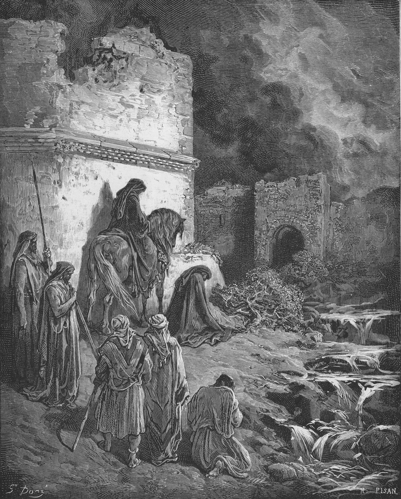 Nehemiah Viewing Ruins Walls of Jerusalem, wood engraving by Gustave Doré, illustrating Nehemiah 2:13