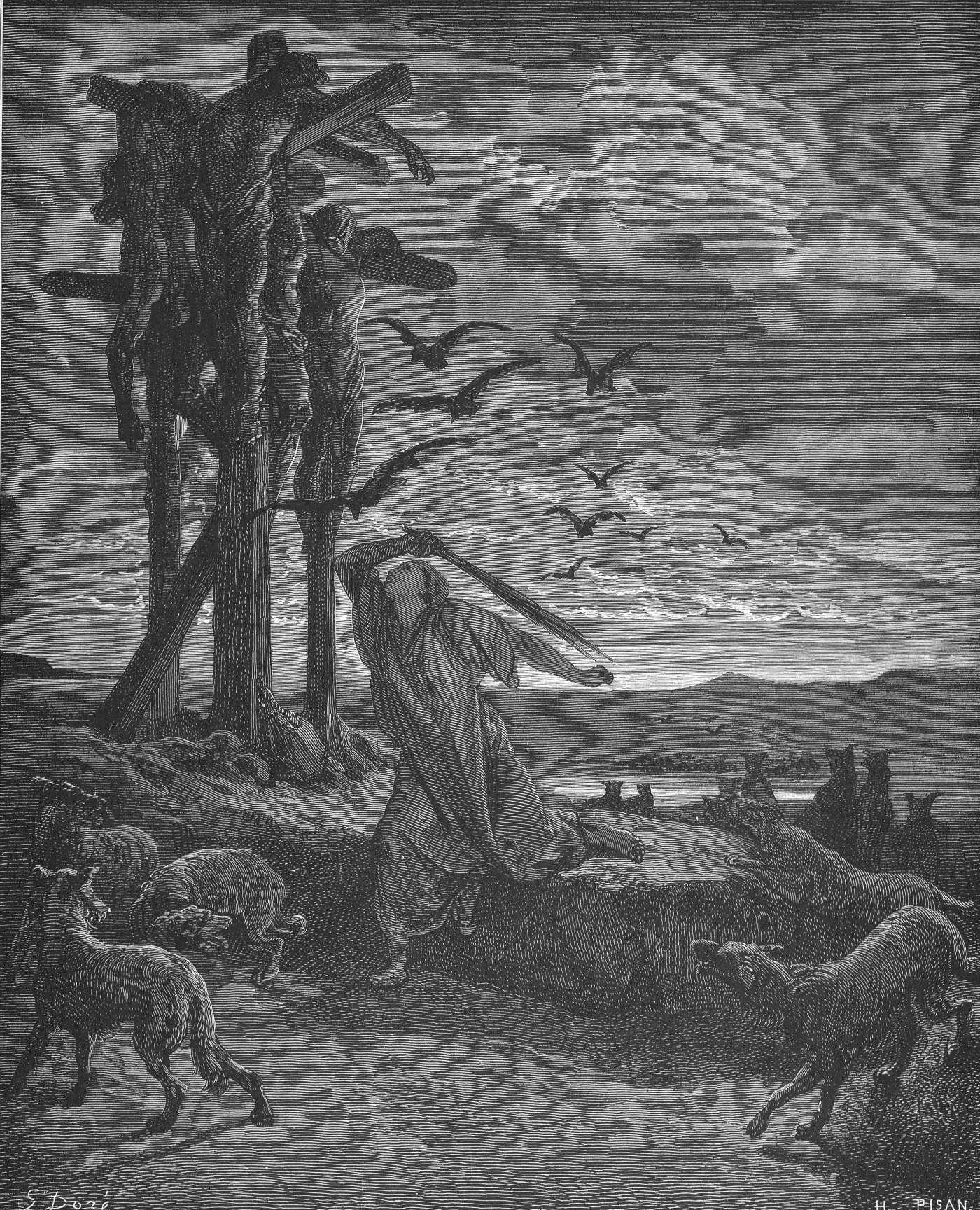 Rizpah's Kindness Unto the Dead, wood engraving by Gustave Doré, illustrating 2 Samuel 21:9
