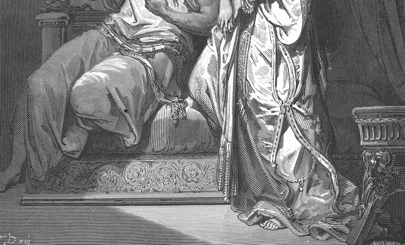 Samson and Delilah, wood engraving by Gustave Doré, illustrating Judges 16:17