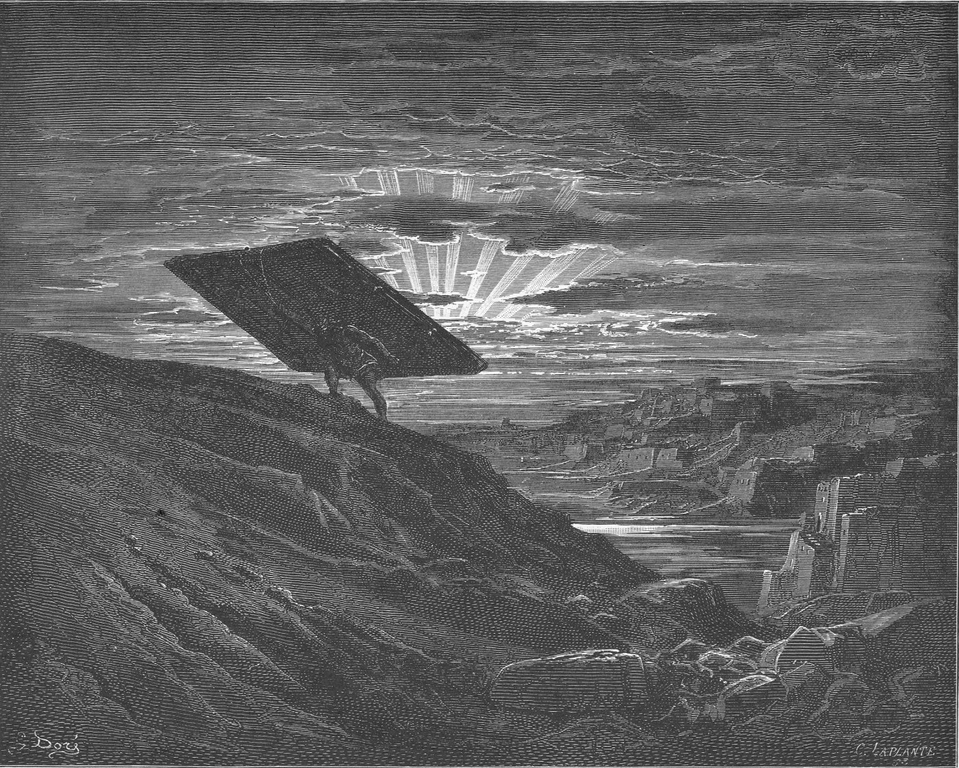 Samson Carrying Away the Gates of Gaza, wood engraving by Gustave Doré, illustrating Judges 16:3