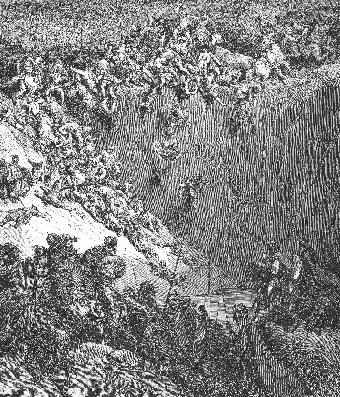 Samson Destroying Philistines with Jaw Bone of an Ass, wood engraving by Gustave Doré, illustrating Judges 15:15