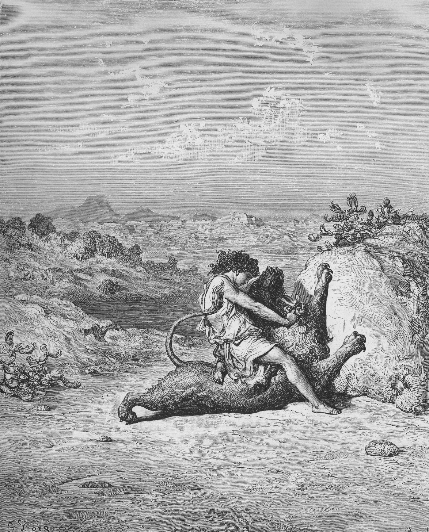 Samson Slaying a Lion, wood engraving by Gustave Doré, illustrating Judges 14:5