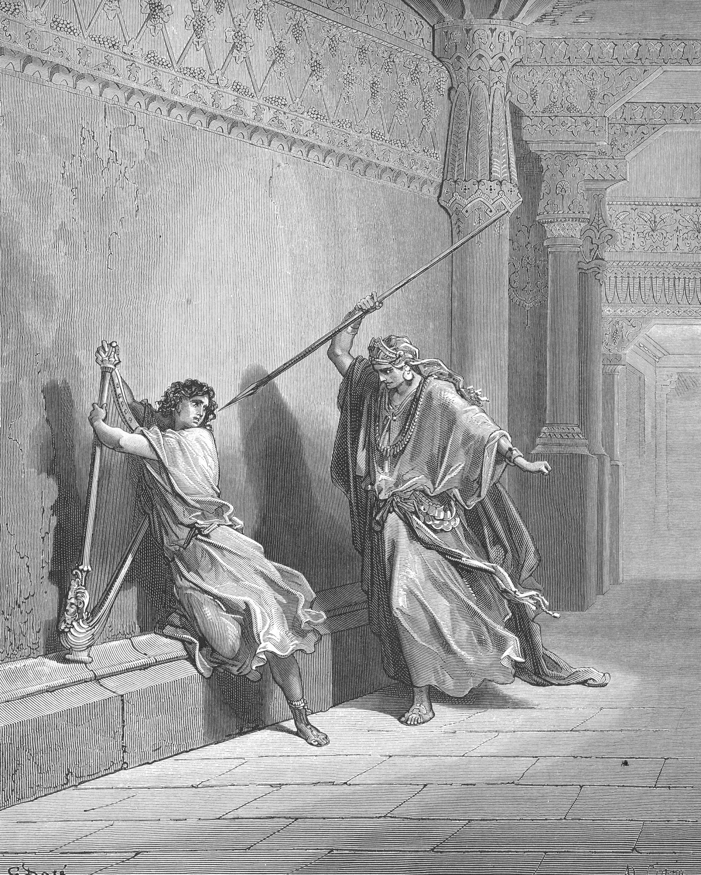 Saul Attempts the Life of David, wood engraving by Gustave Doré, illustrating 1 Samuel 18:11