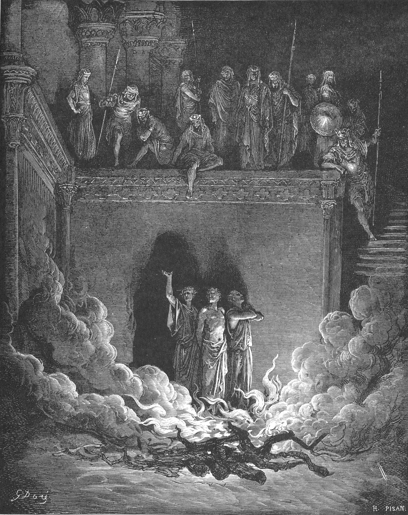 Shadrach Meshach and Abednego in Furnace, wood engraving by Gustave Doré, illustrating Daniel 3:28