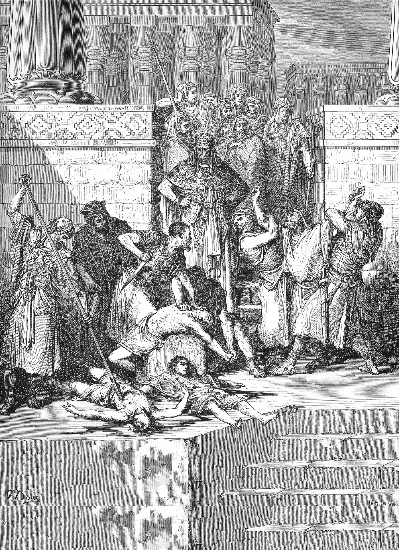 Slaughter of Sons of Zedekiah before Father, wood engraving by Gustave Doré, illustrating 2 Kings 25:7