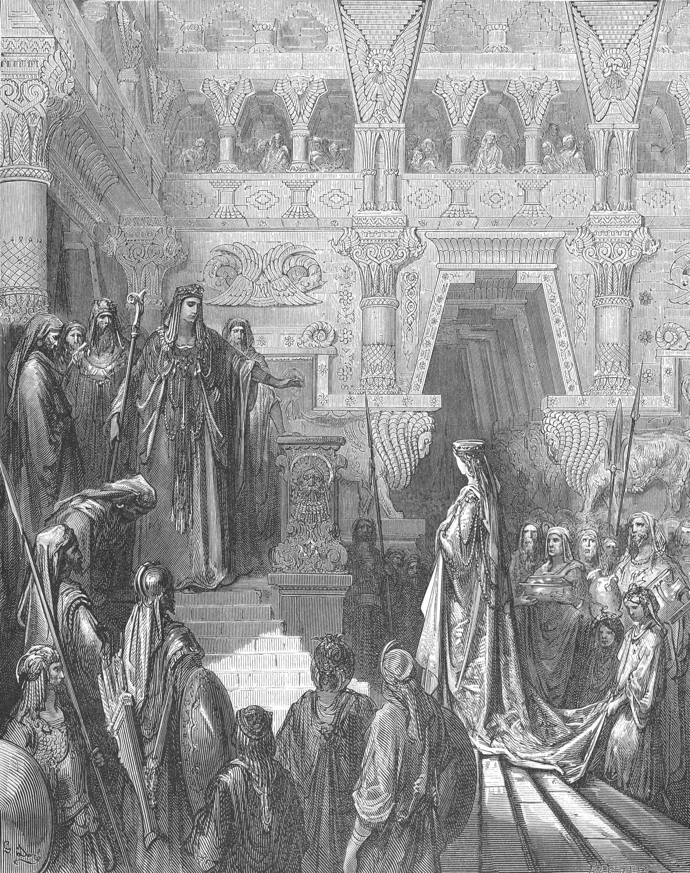 Solomon Receiving the Queen of Sheba, wood engraving by Gustave Doré, illustrating 2 Chronicles 9:1