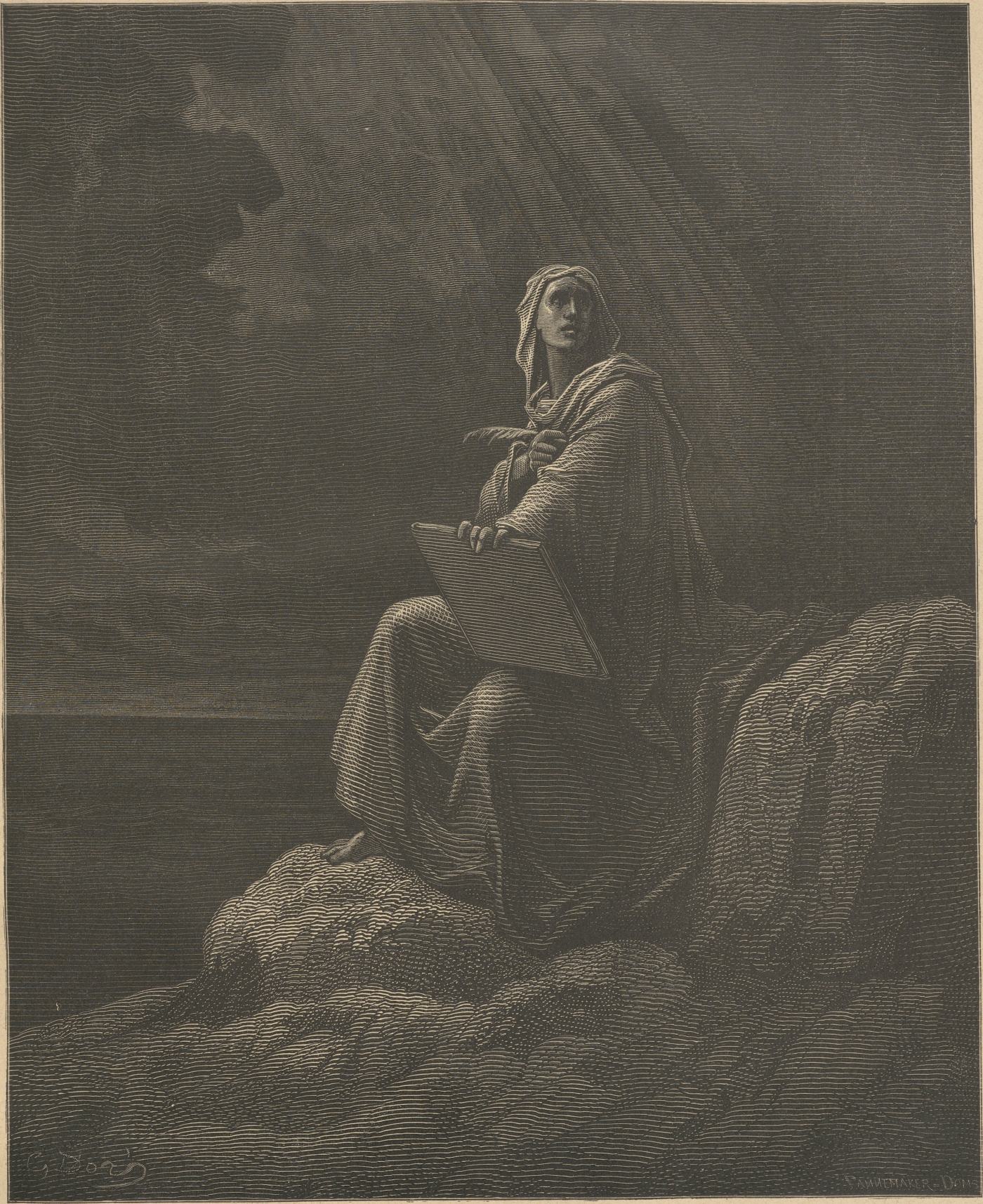 St. John at Patmos, wood engraving by Gustave Doré, illustrating Revelation 1:9