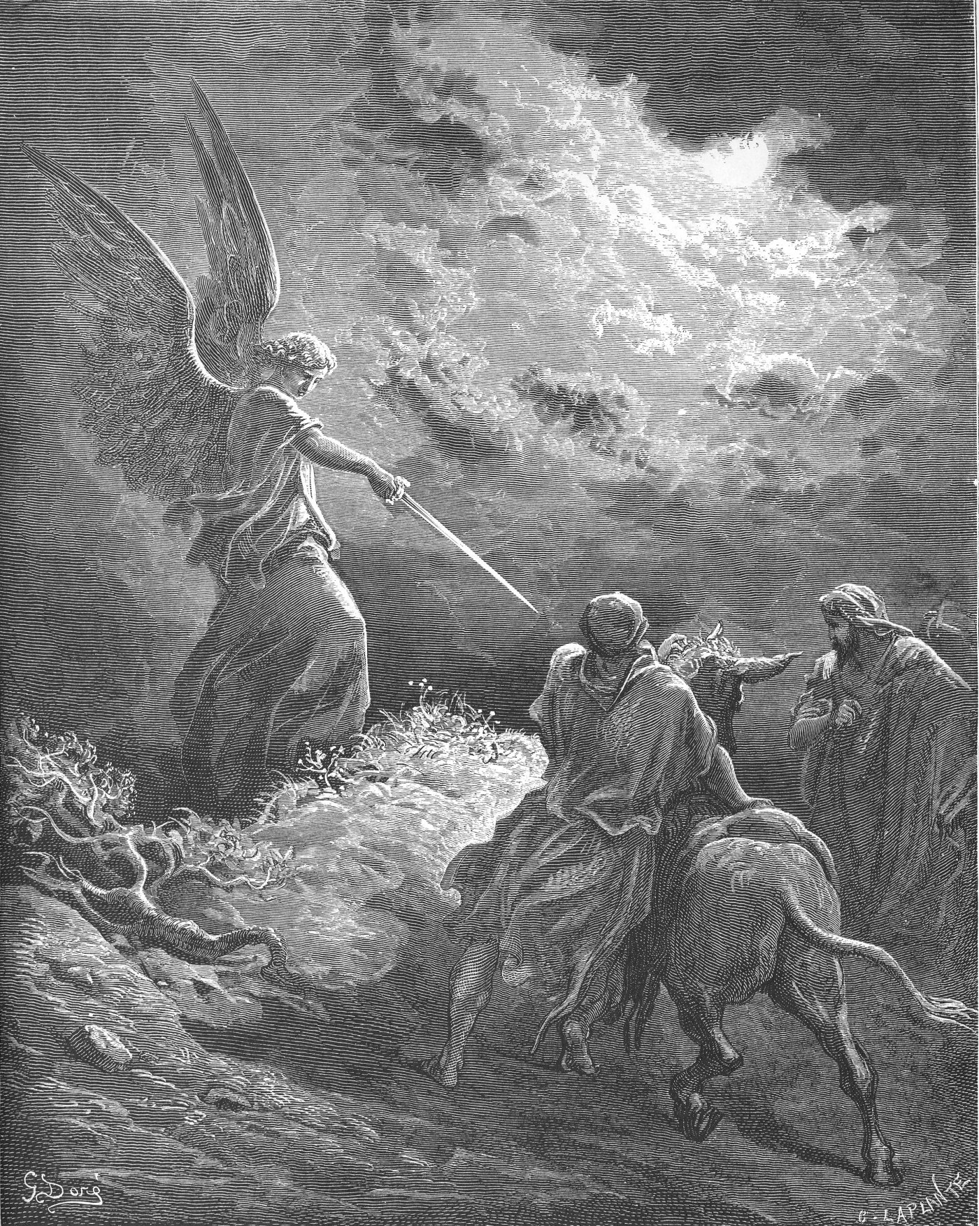 The Angel Appearing to Balaam, wood engraving by Gustave Doré, illustrating Numbers 22:23