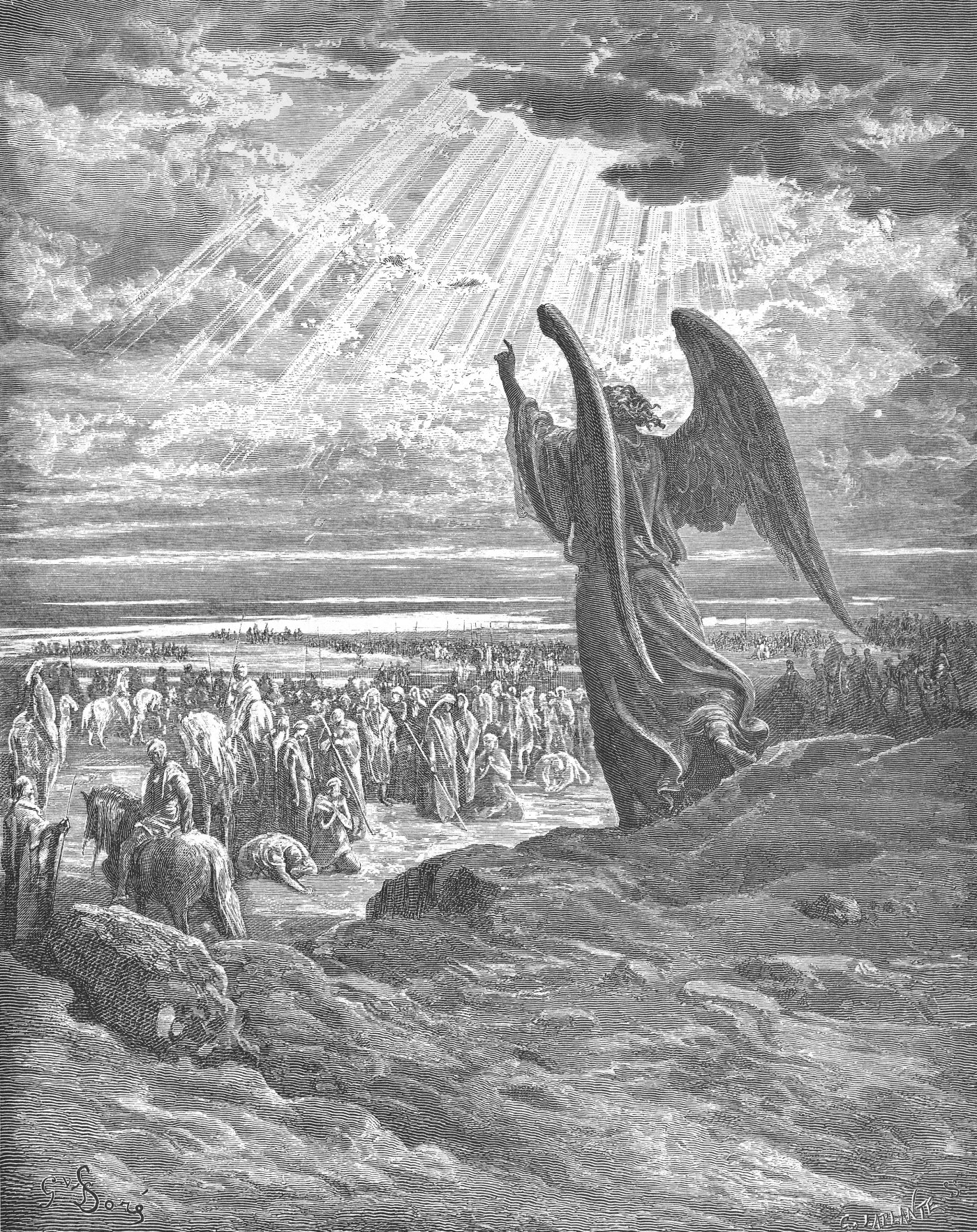 The Angel Appearing to Joshua, wood engraving by Gustave Doré, illustrating Joshua 5:15