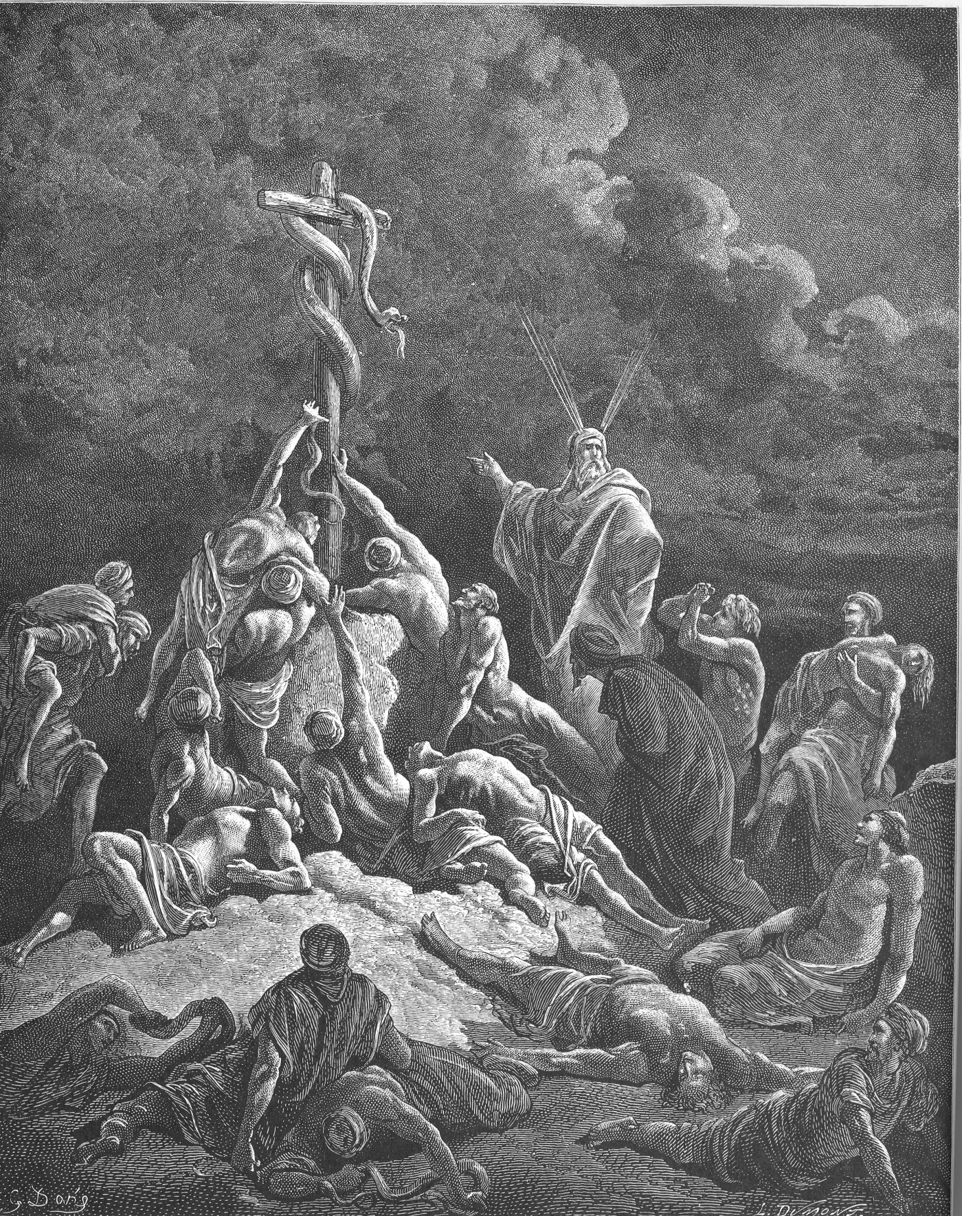 The Brazen Serpent, wood engraving by Gustave Doré, illustrating Numbers 21:9