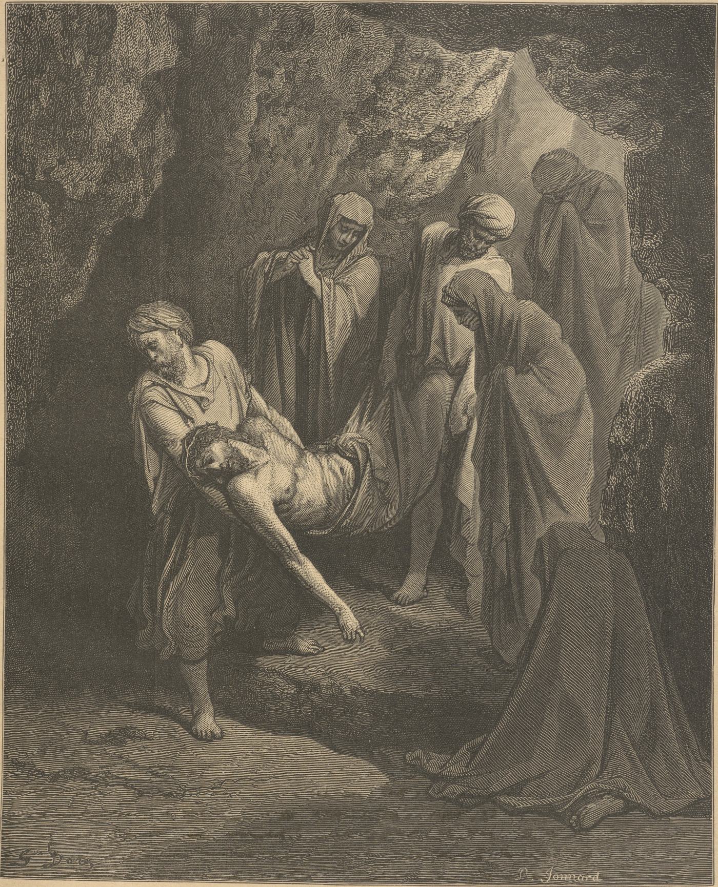 The Burial of Christ, wood engraving by Gustave Doré, illustrating Matthew 27:60