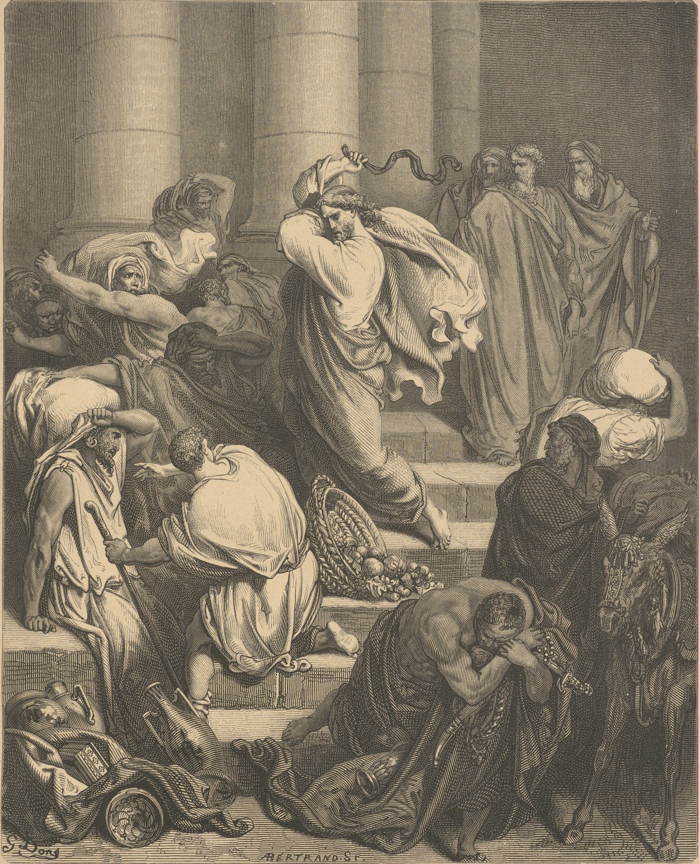 The Buyers and Sellers Driven out of Temple, wood engraving by Gustave Doré, illustrating John 2:15