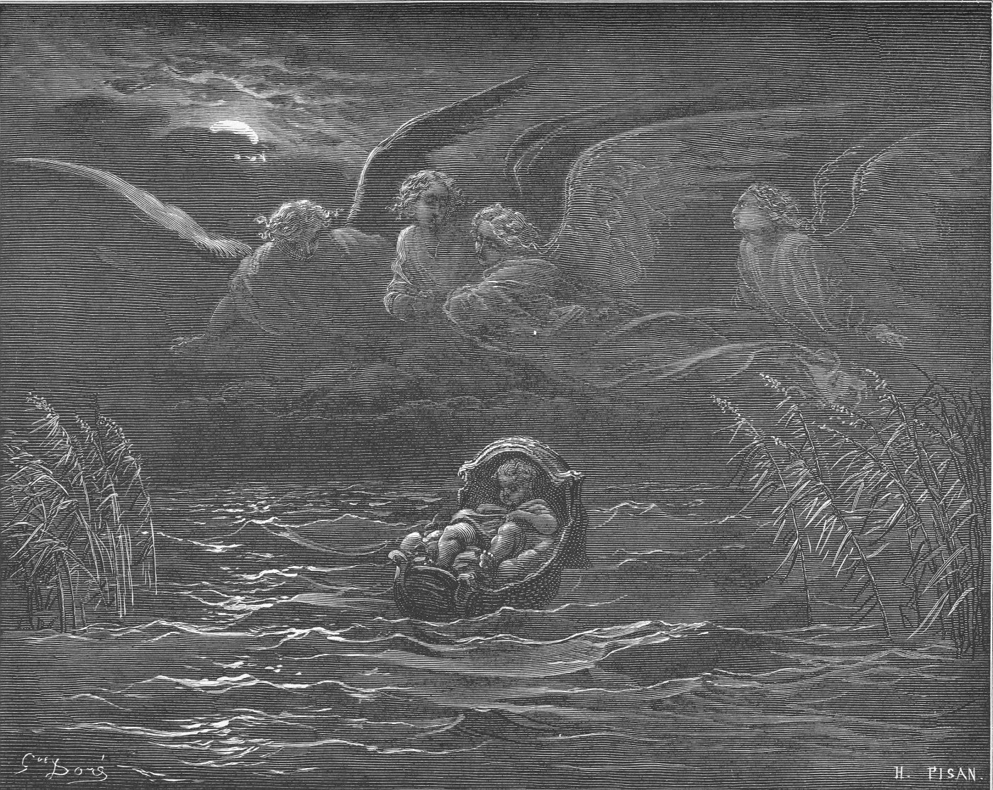 The Child Moses on the Nile, wood engraving by Gustave Doré, illustrating Exodus 2:3
