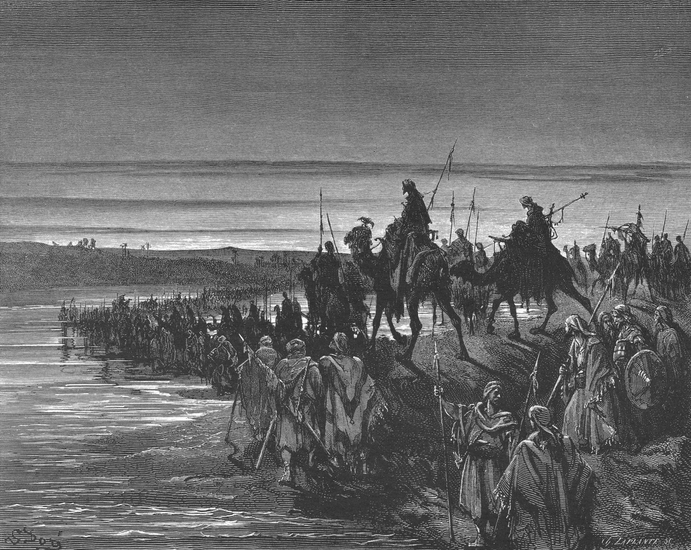 The Children of Israel Crossing Jordan, wood engraving by Gustave Doré, illustrating Joshua 3:17