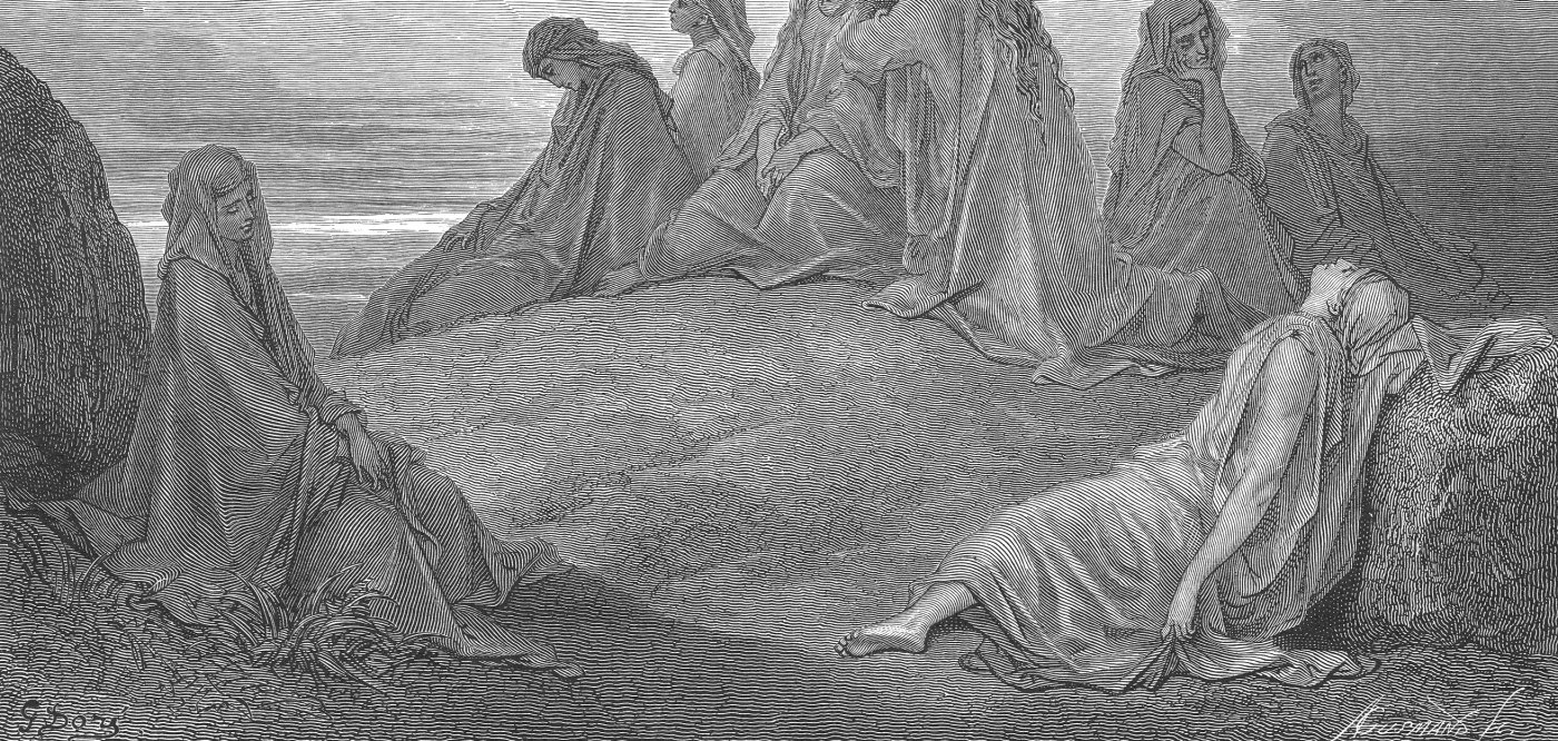 The Daughters of Israel Lamenting Daughter of Jephthah, wood engraving by Gustave Doré, illustrating Judges 11:40