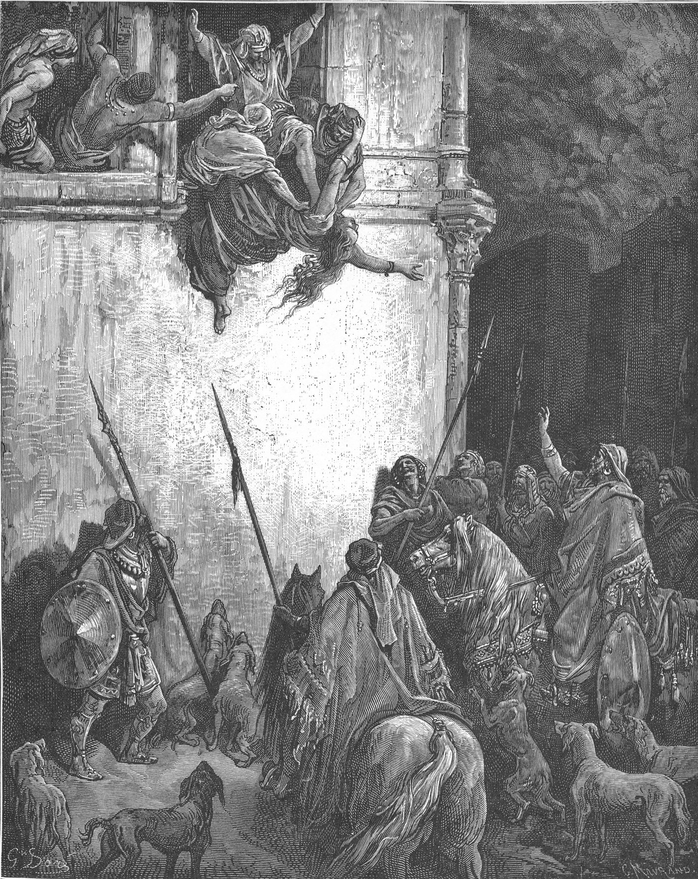 The Death of Jezebel, wood engraving by Gustave Doré, illustrating 2 Kings 9:33
