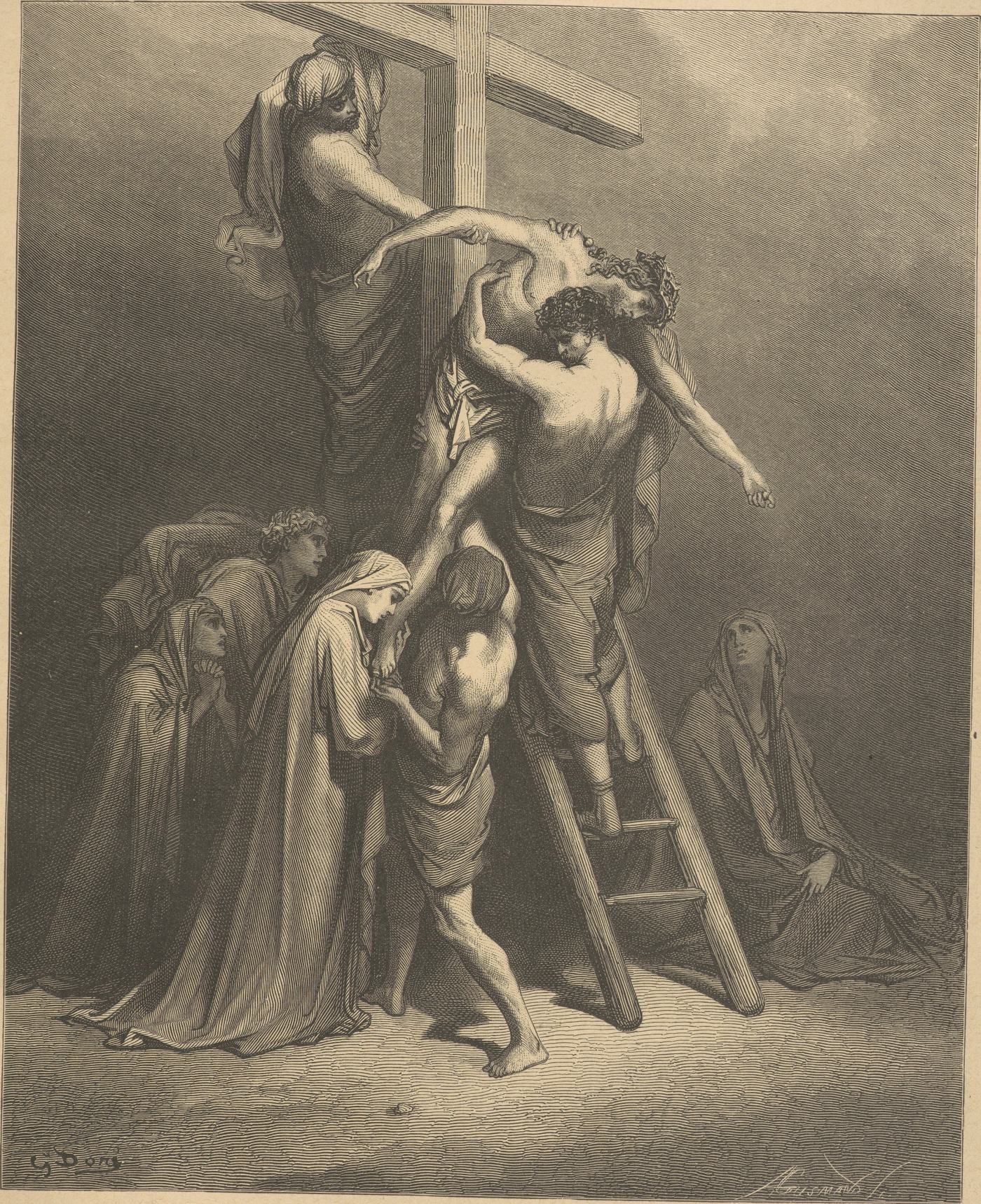 The Descent from the Cross, wood engraving by Gustave Doré, illustrating Matthew 27:57