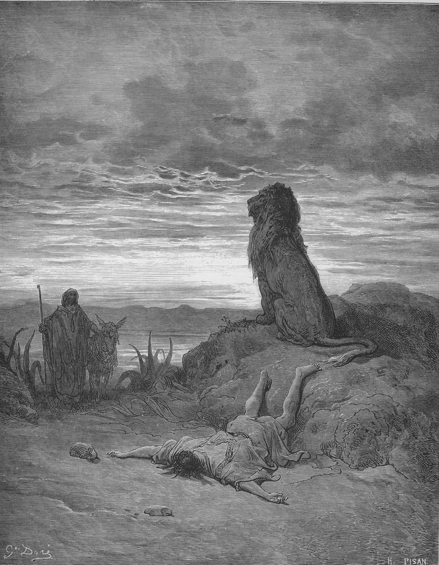 The Disobedient Prophet Slain by a Lion, wood engraving by Gustave Doré, illustrating 1 Kings 13:24