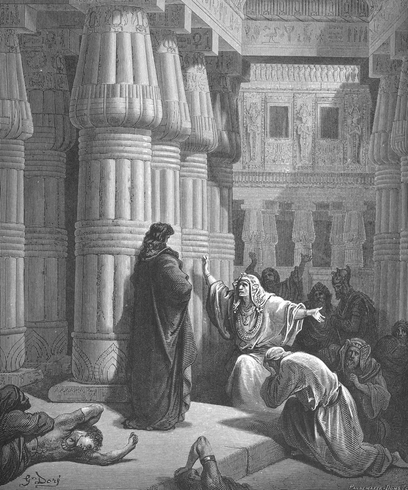 The Egyptians Urge Moses to Depart, wood engraving by Gustave Doré, illustrating Exodus 12:31