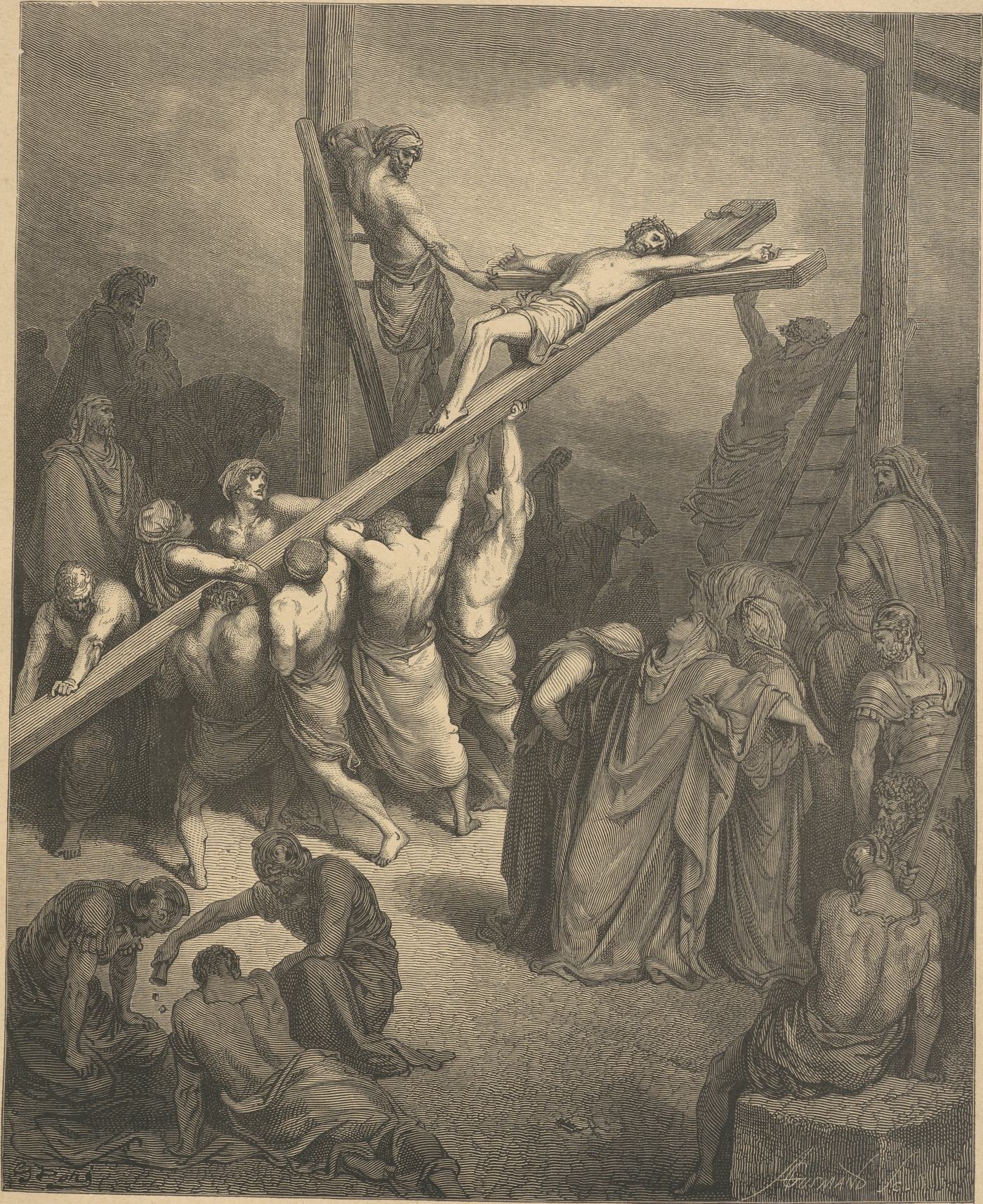 The Erection of the Cross, wood engraving by Gustave Doré, illustrating Matthew 27:35