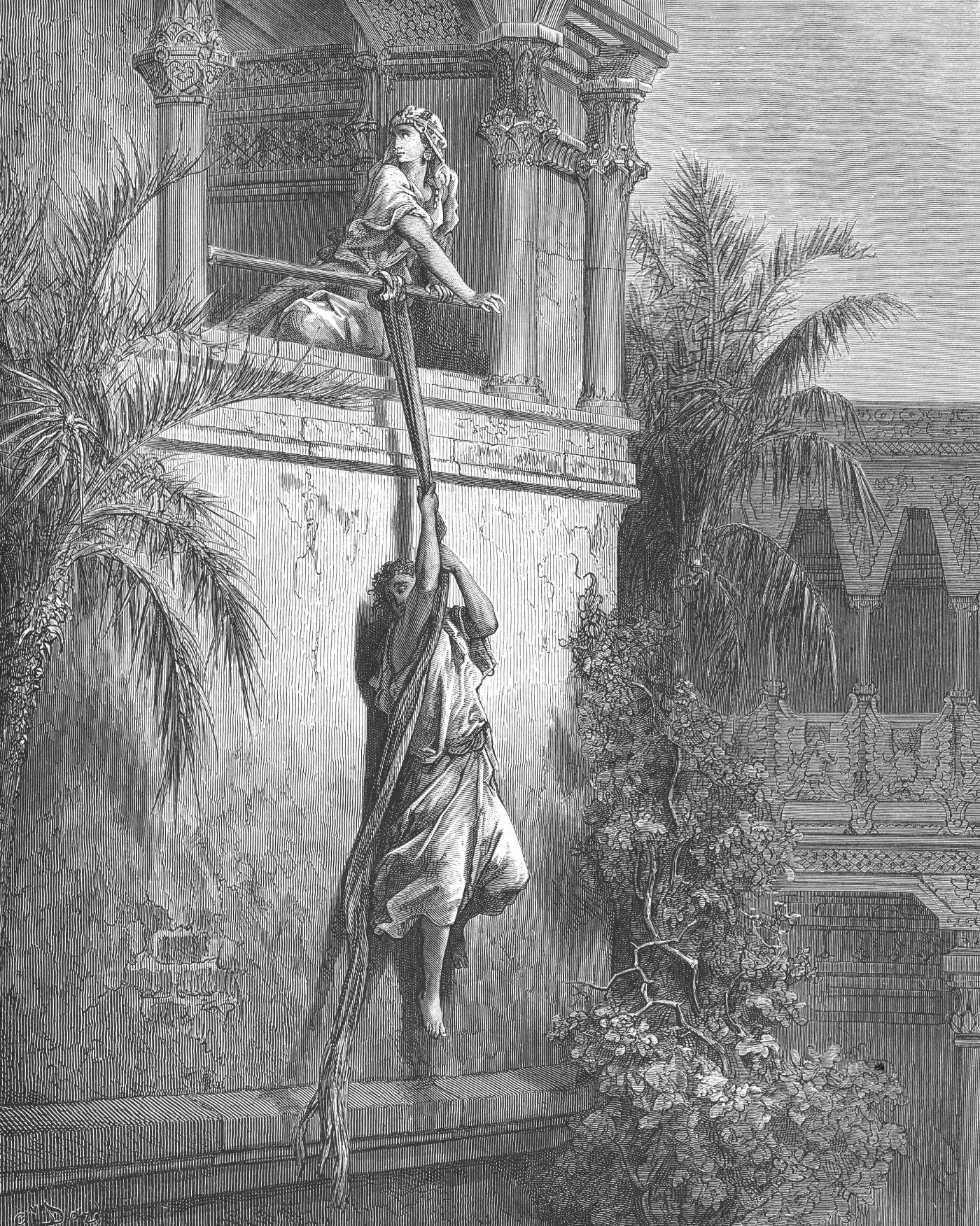 The Escape of David Through Window, wood engraving by Gustave Doré, illustrating 1 Samuel 19:11