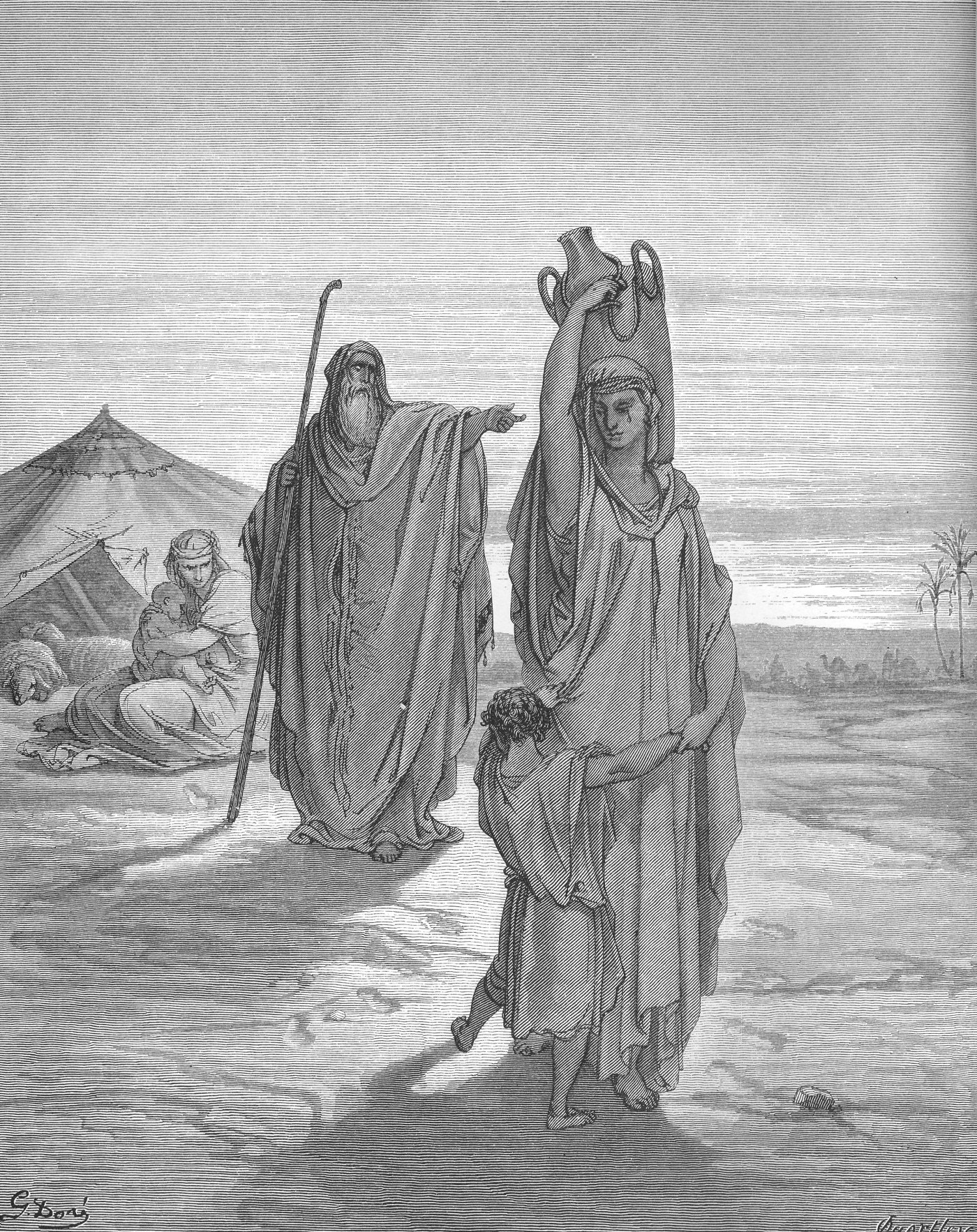 The Expulsion of Ishmael and His Mother, wood engraving by Gustave Doré, illustrating Genesis 21:14