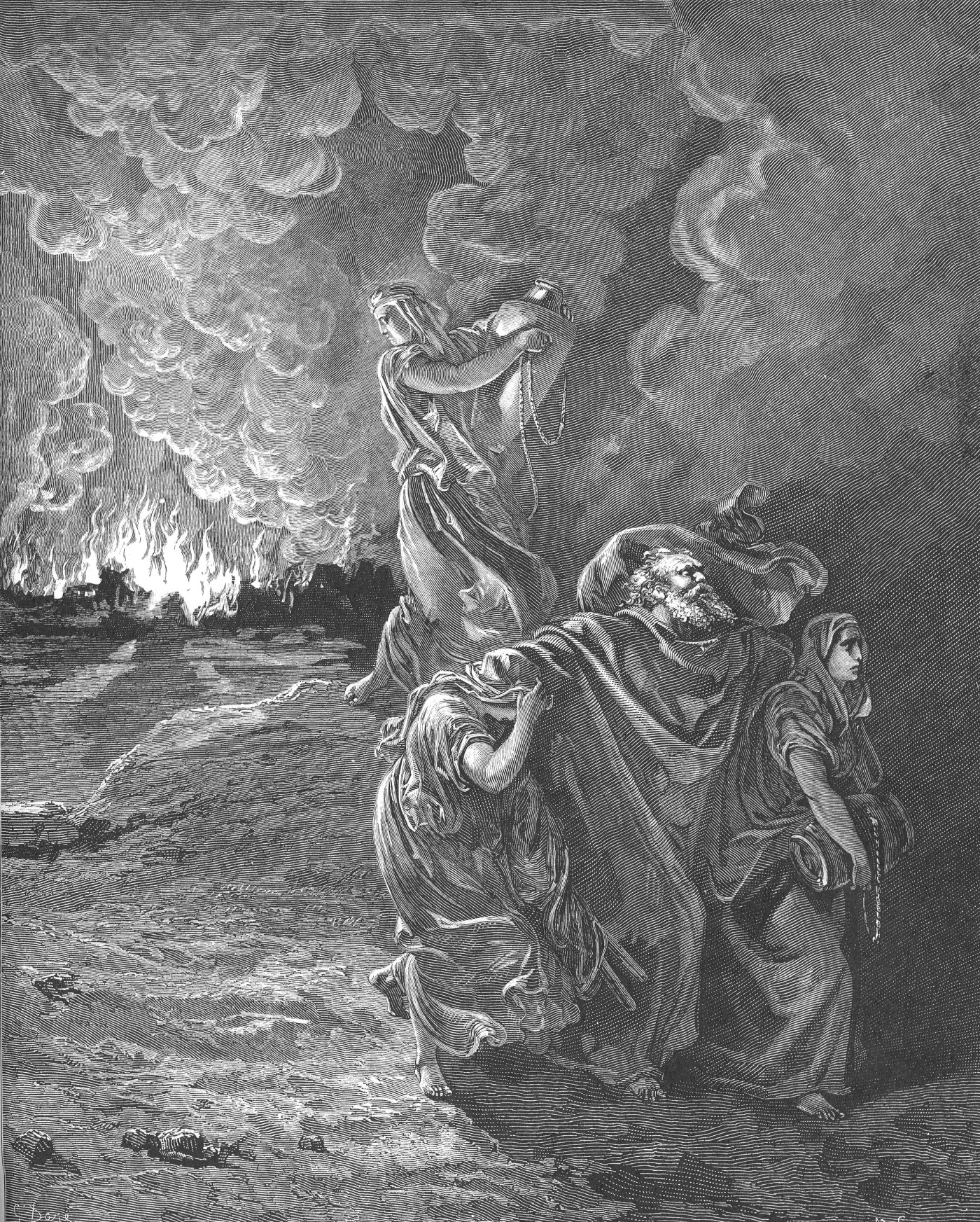The Flight of Lot, wood engraving by Gustave Doré, illustrating Genesis 19:24
