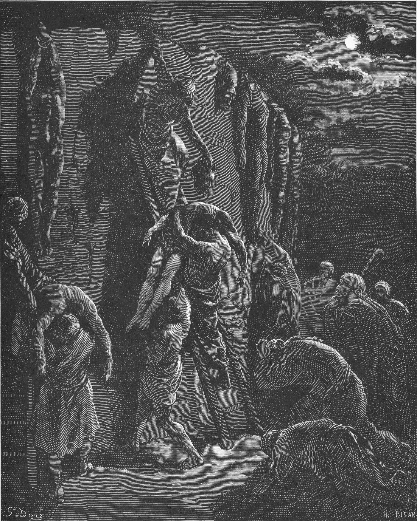 The Inhabitants of Jabesh Saul and His Sons, wood engraving by Gustave Doré, illustrating 1 Chronicles 10:12