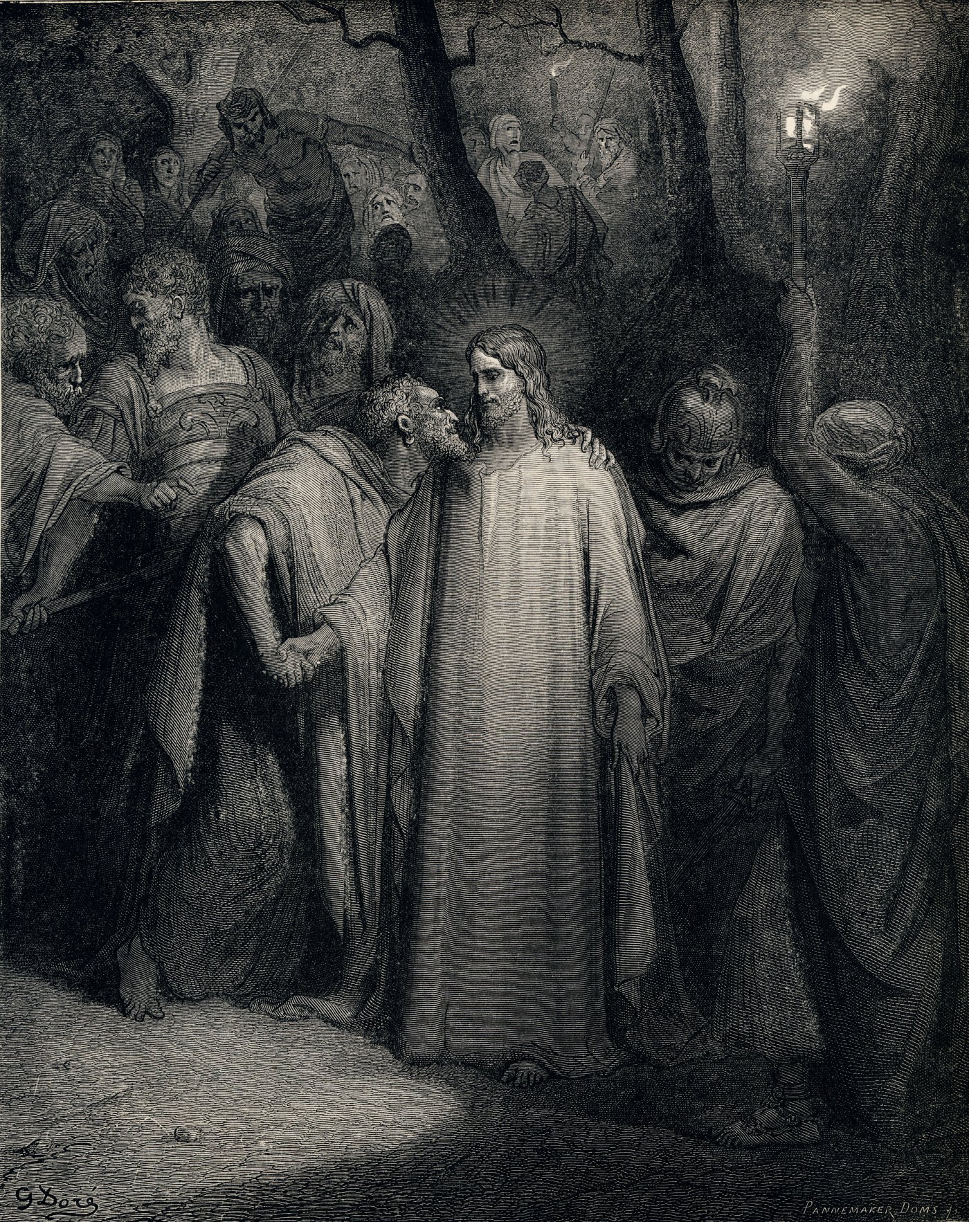The Judas Kiss, wood engraving by Gustave Doré, illustrating Mark 14:45
