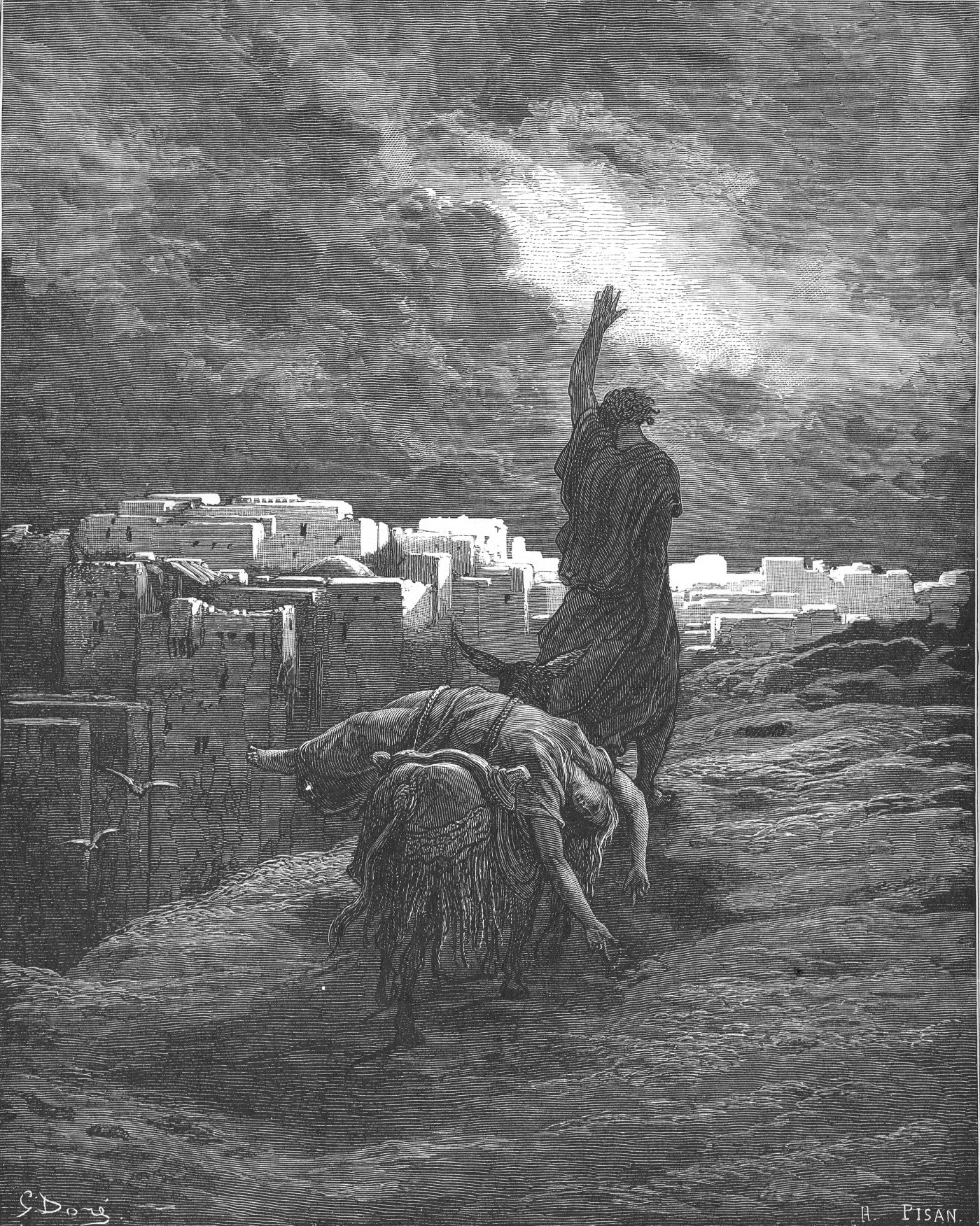 The Levite Bearing Away Body of Woman, wood engraving by Gustave Doré, illustrating Judges 19:30