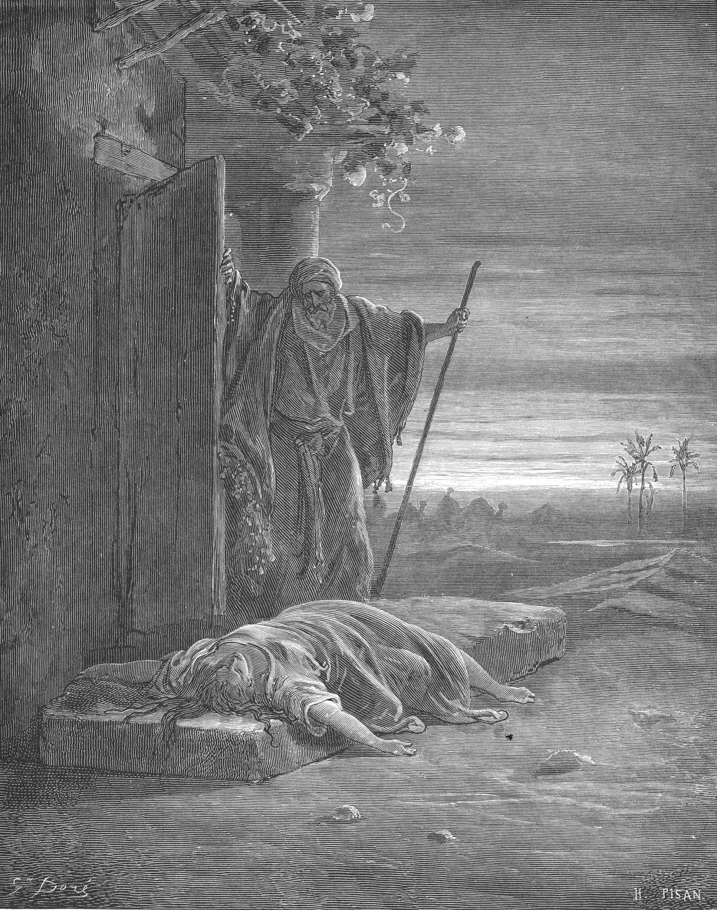 The Levite Finding Corpse of Woman, wood engraving by Gustave Doré, illustrating Judges 19:25