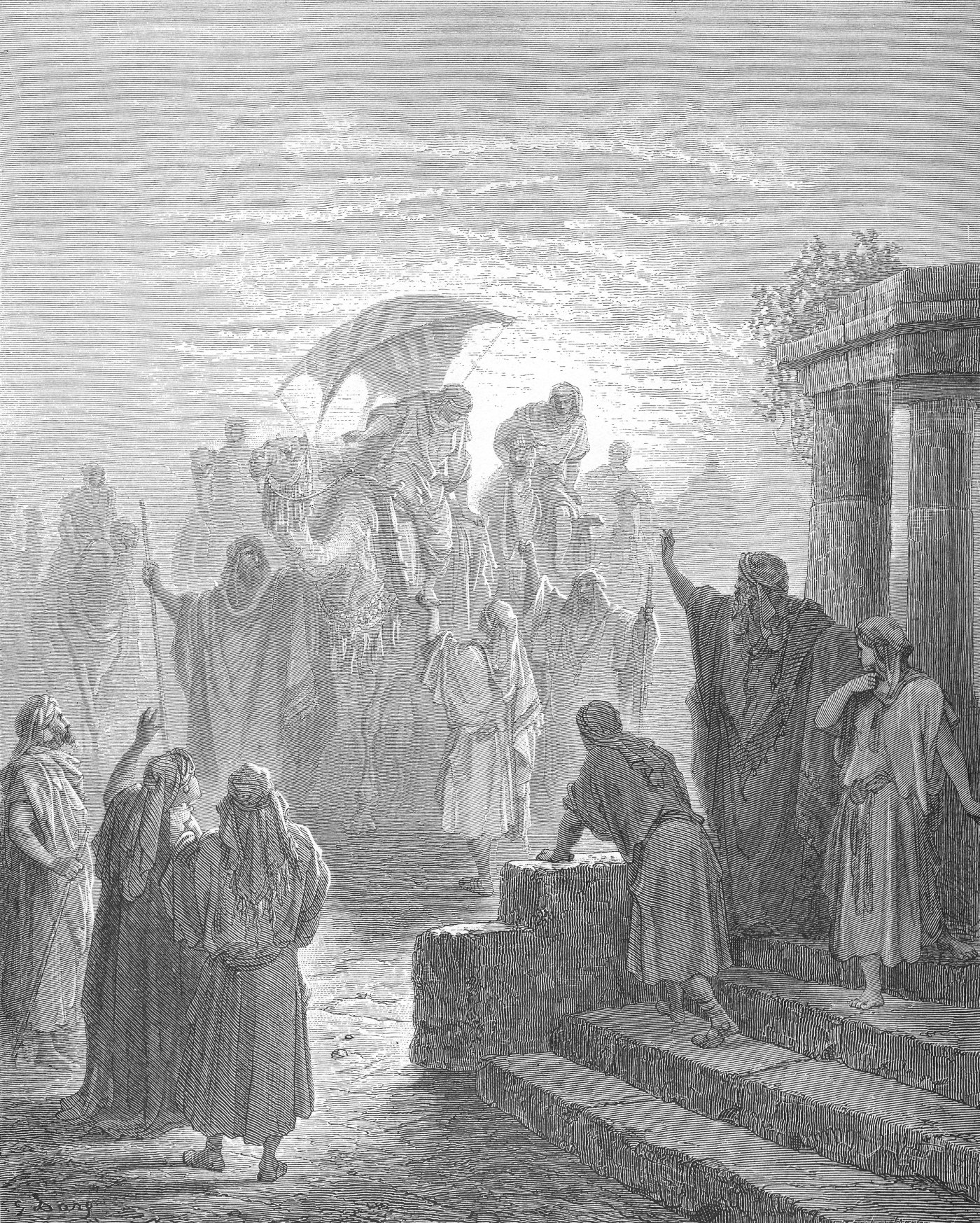 The Meeting of Isaac and Rebekah, wood engraving by Gustave Doré, illustrating Genesis 24:65