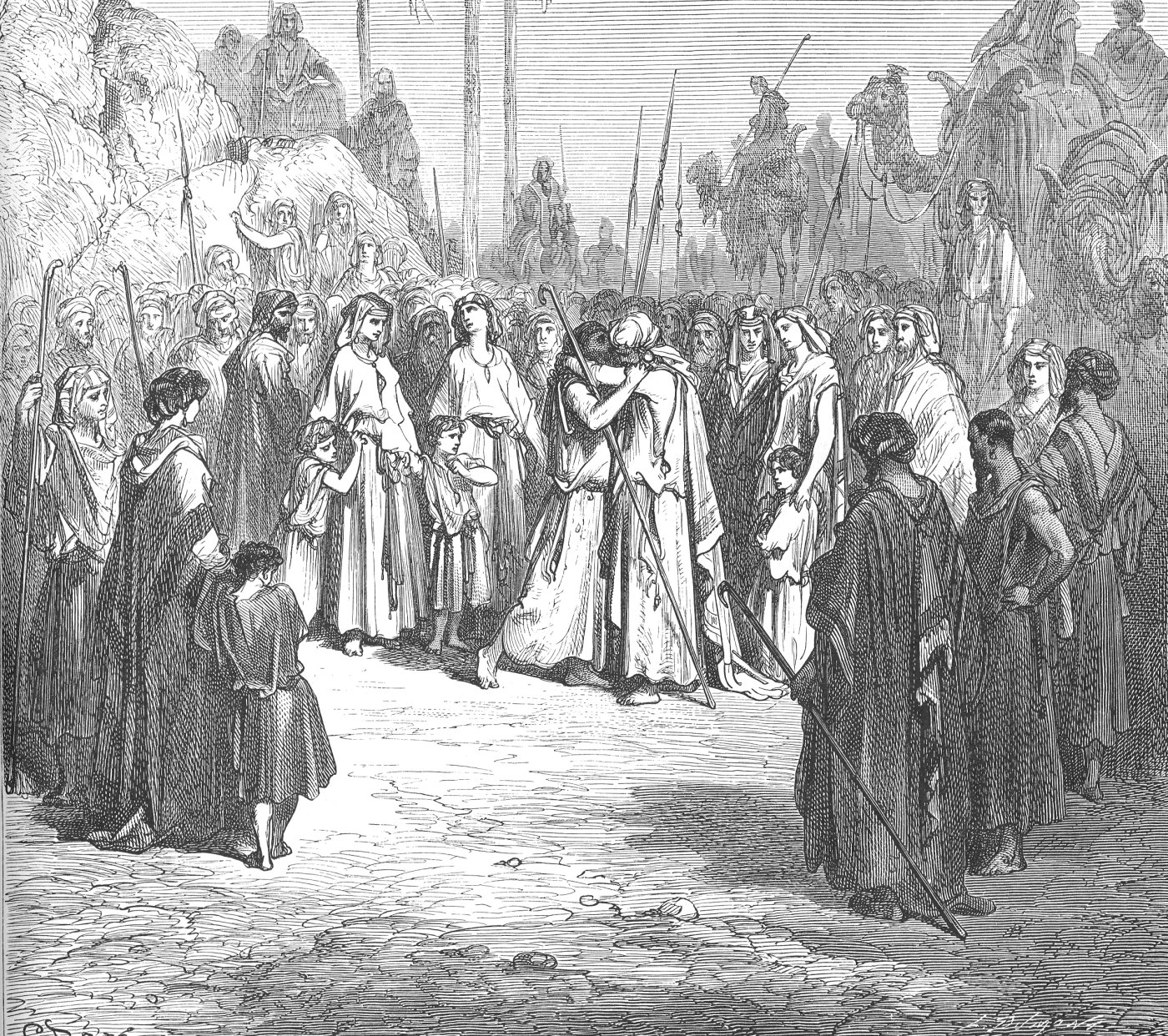 The Meeting of Jacob and Esau, wood engraving by Gustave Doré, illustrating Genesis 33:3