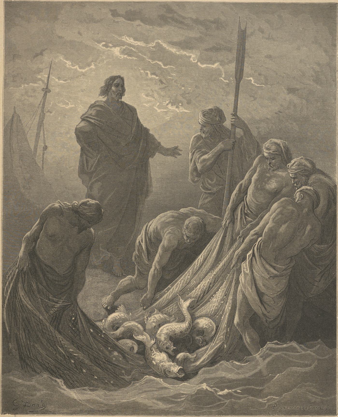 The Miraculous Draught of Fishes, wood engraving by Gustave Doré, illustrating John 21:10