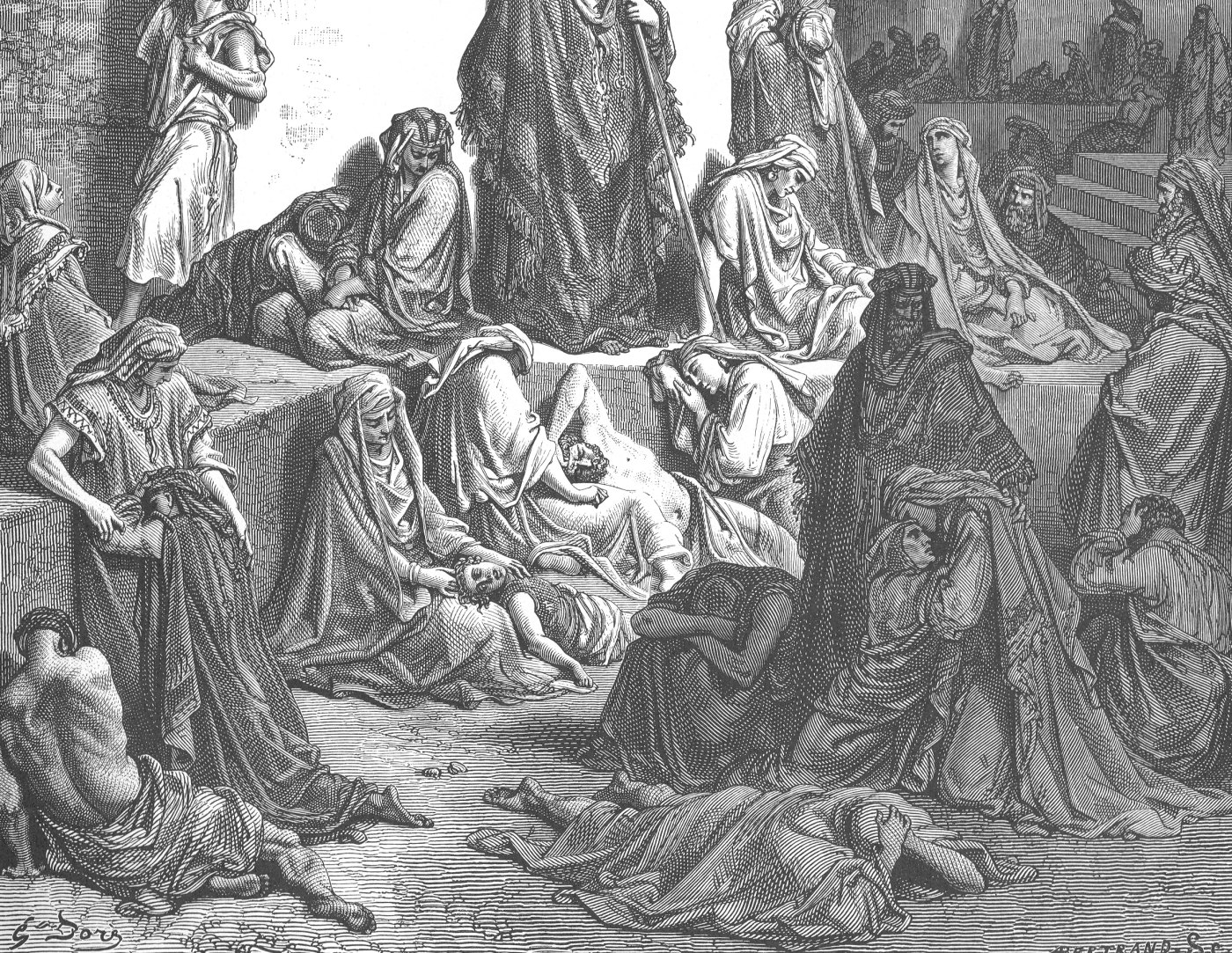 The People Mourning over Ruins of Jerusalem, wood engraving by Gustave Doré, illustrating Lamentations 1:8