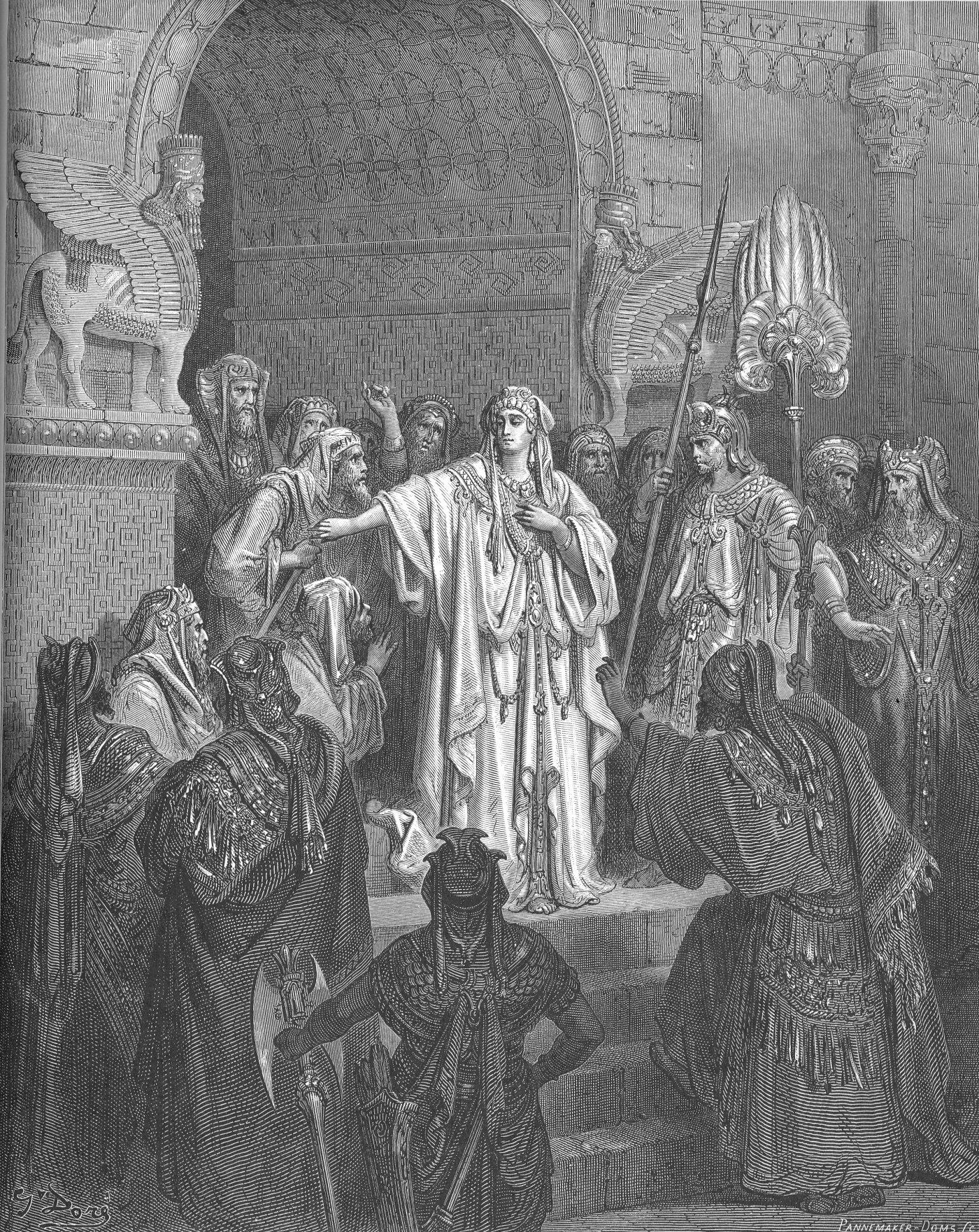 The Queen Vashti Refusing Command of Ahasuerus, wood engraving by Gustave Doré, illustrating Esther 1:11