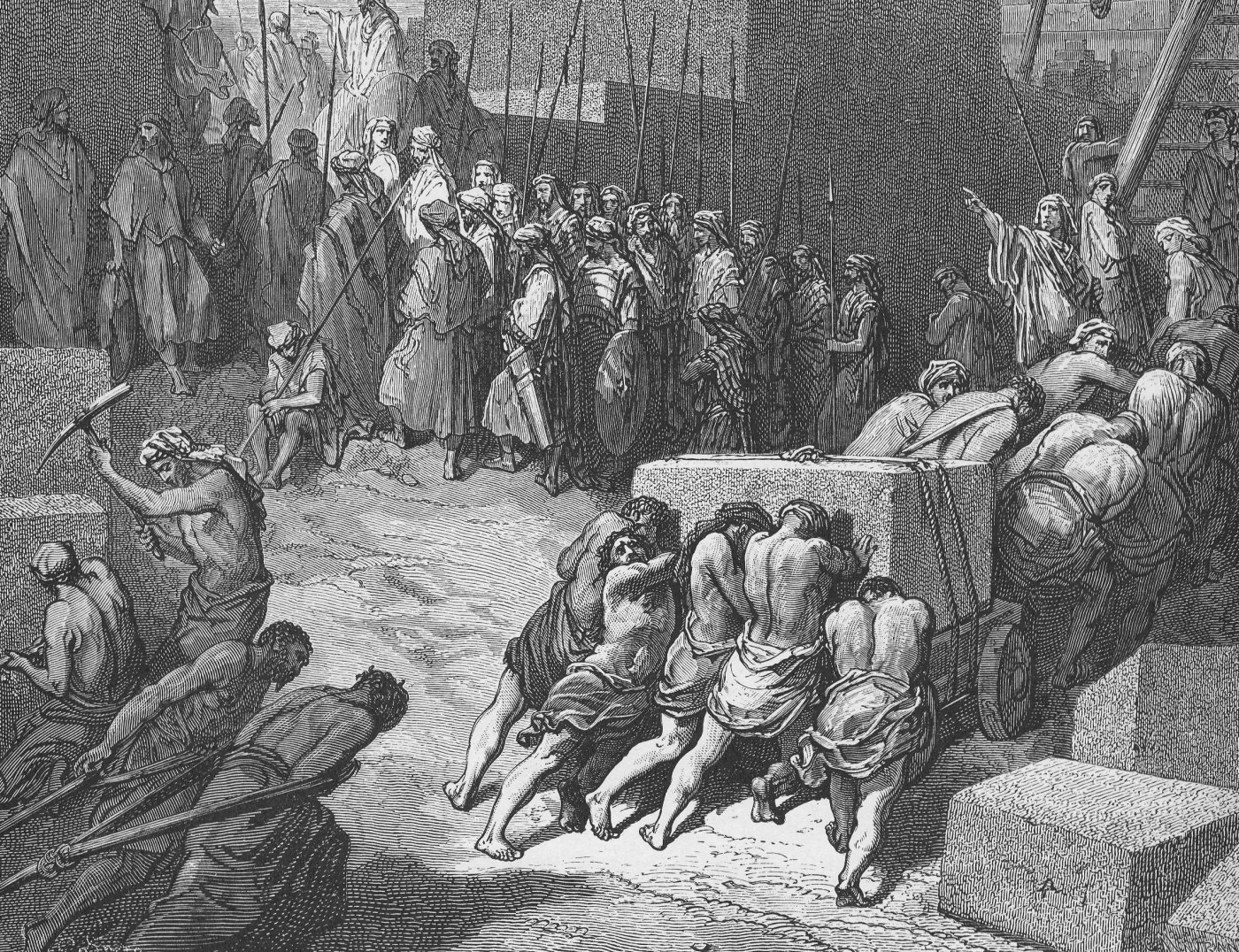 The Rebuilding of the Temple, wood engraving by Gustave Doré, illustrating Ezra 3:11