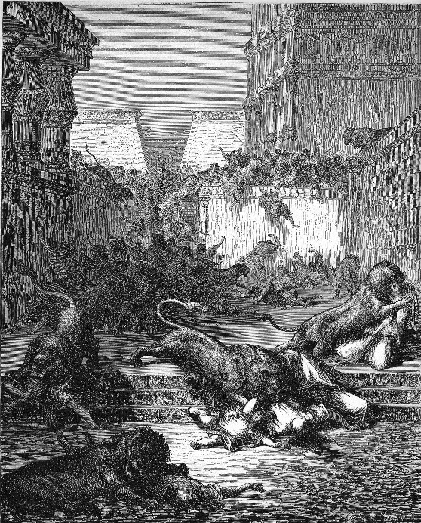 The Strange Nations Slain by Lions of Samaria, wood engraving by Gustave Doré, illustrating 2 Kings 17:25