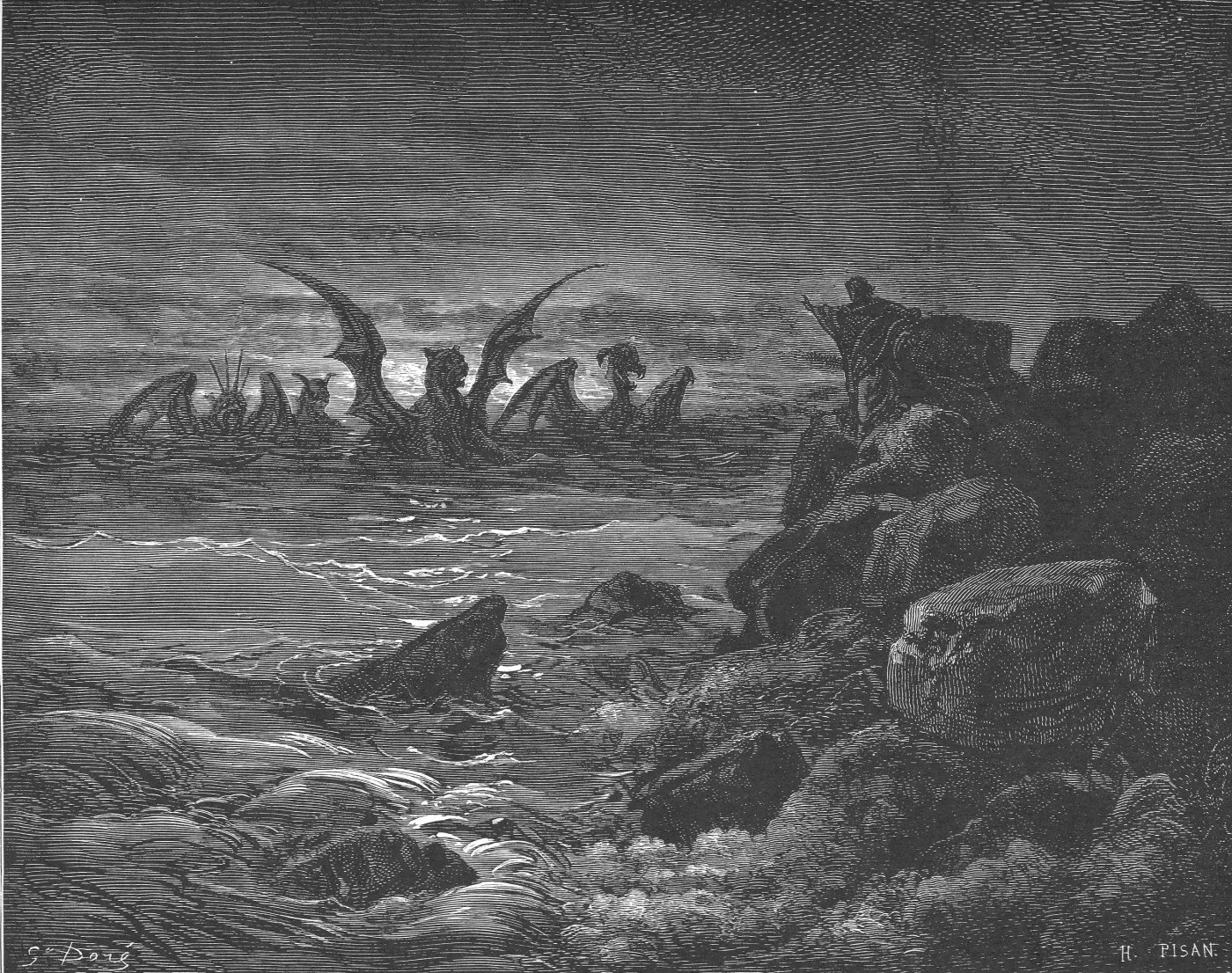 The Vision of the Four Beasts, wood engraving by Gustave Doré, illustrating Daniel 7:2