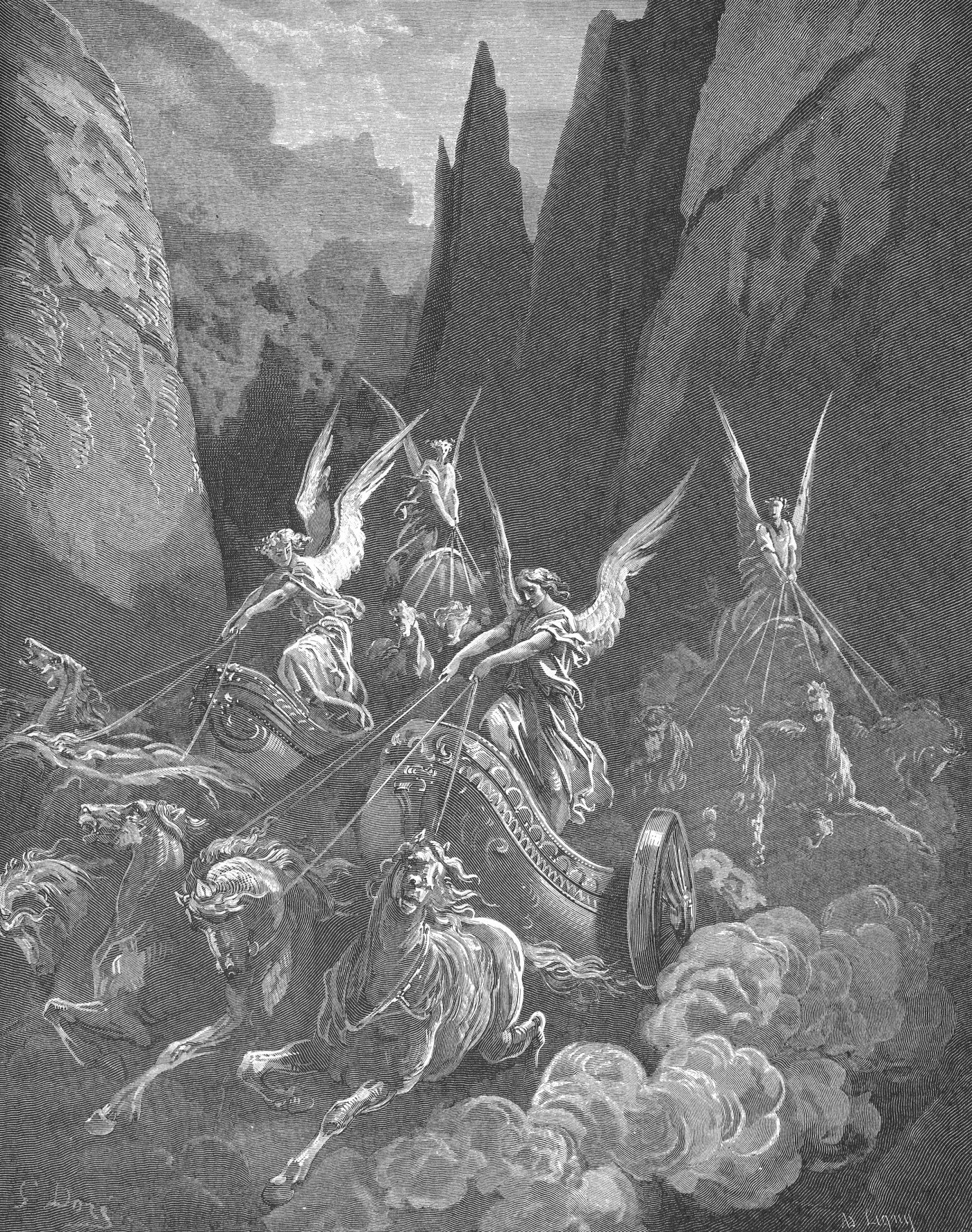 The Vision of the Four Chariots, wood engraving by Gustave Doré, illustrating Zechariah 6:1