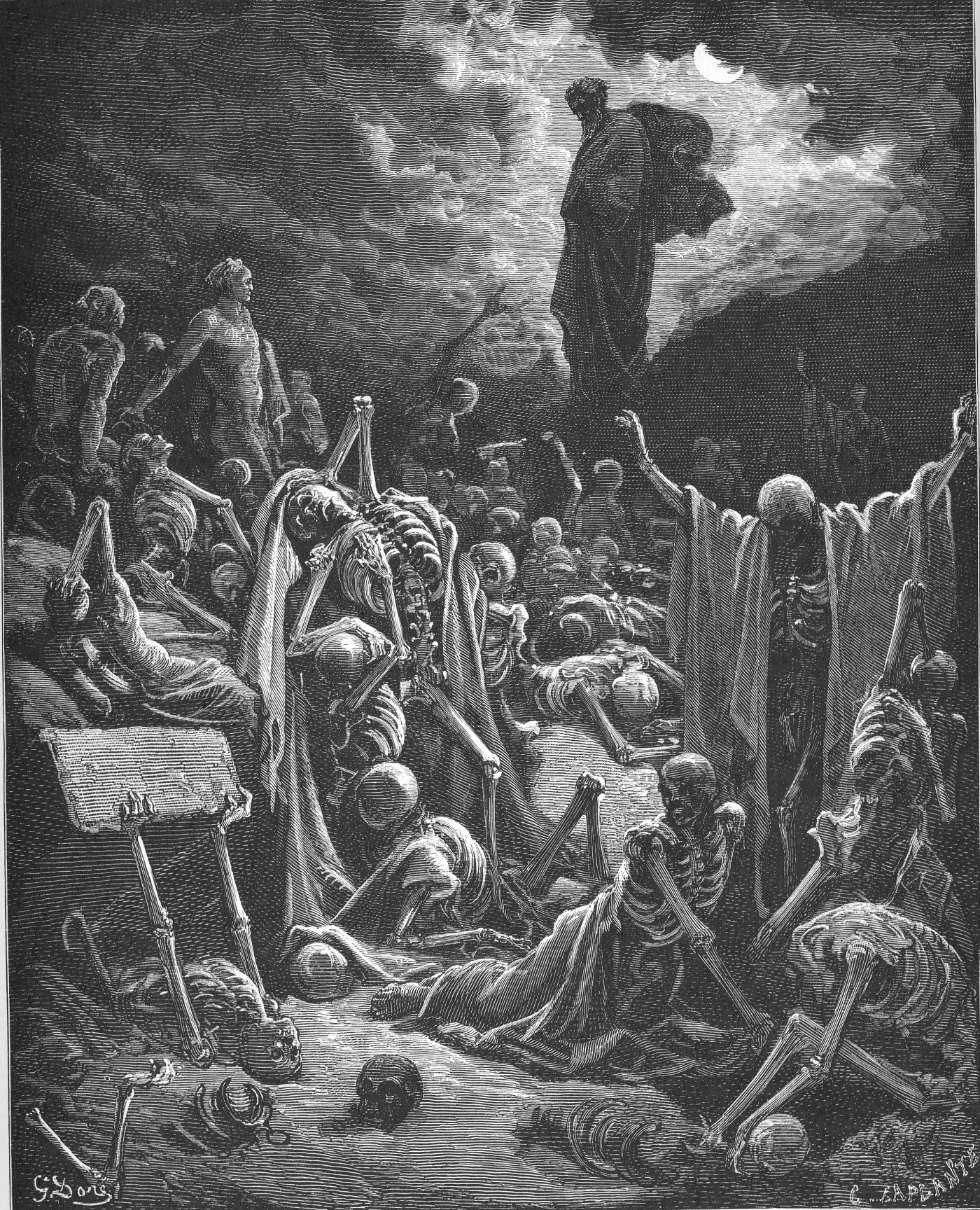The Vision of the Valley of Dry Bones, wood engraving by Gustave Doré, illustrating Ezekiel 37:4