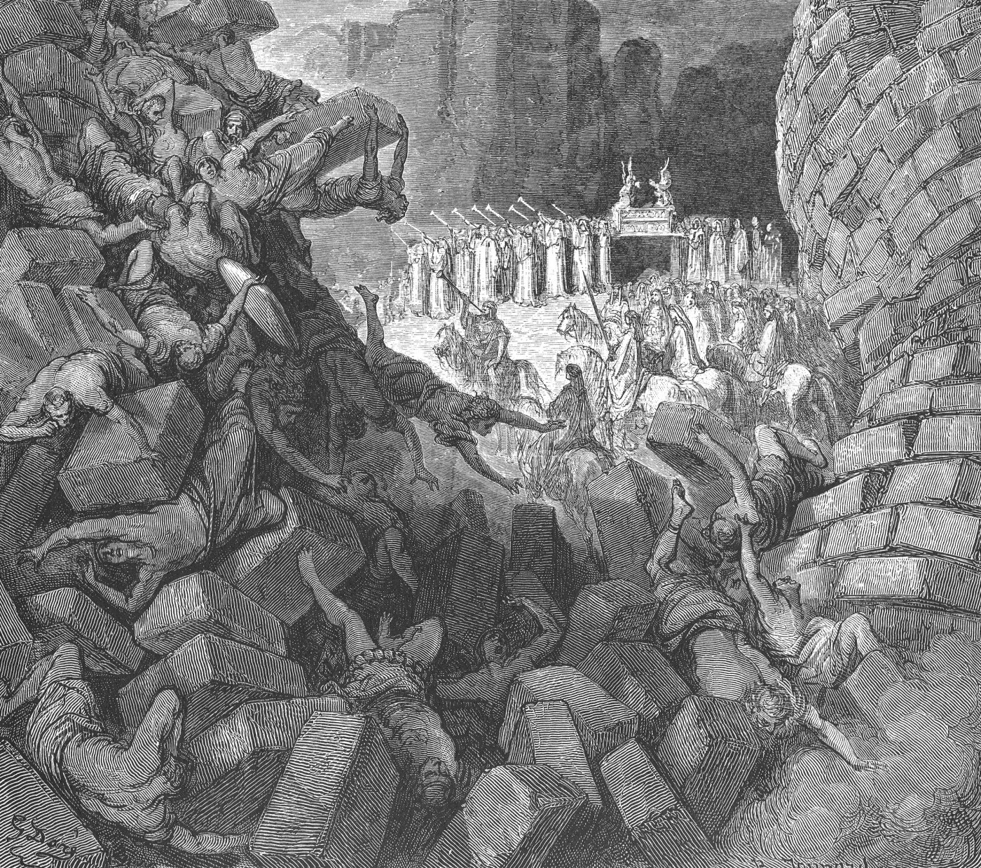 The Walls of Jericho Falling Down, wood engraving by Gustave Doré, illustrating Joshua 6:20