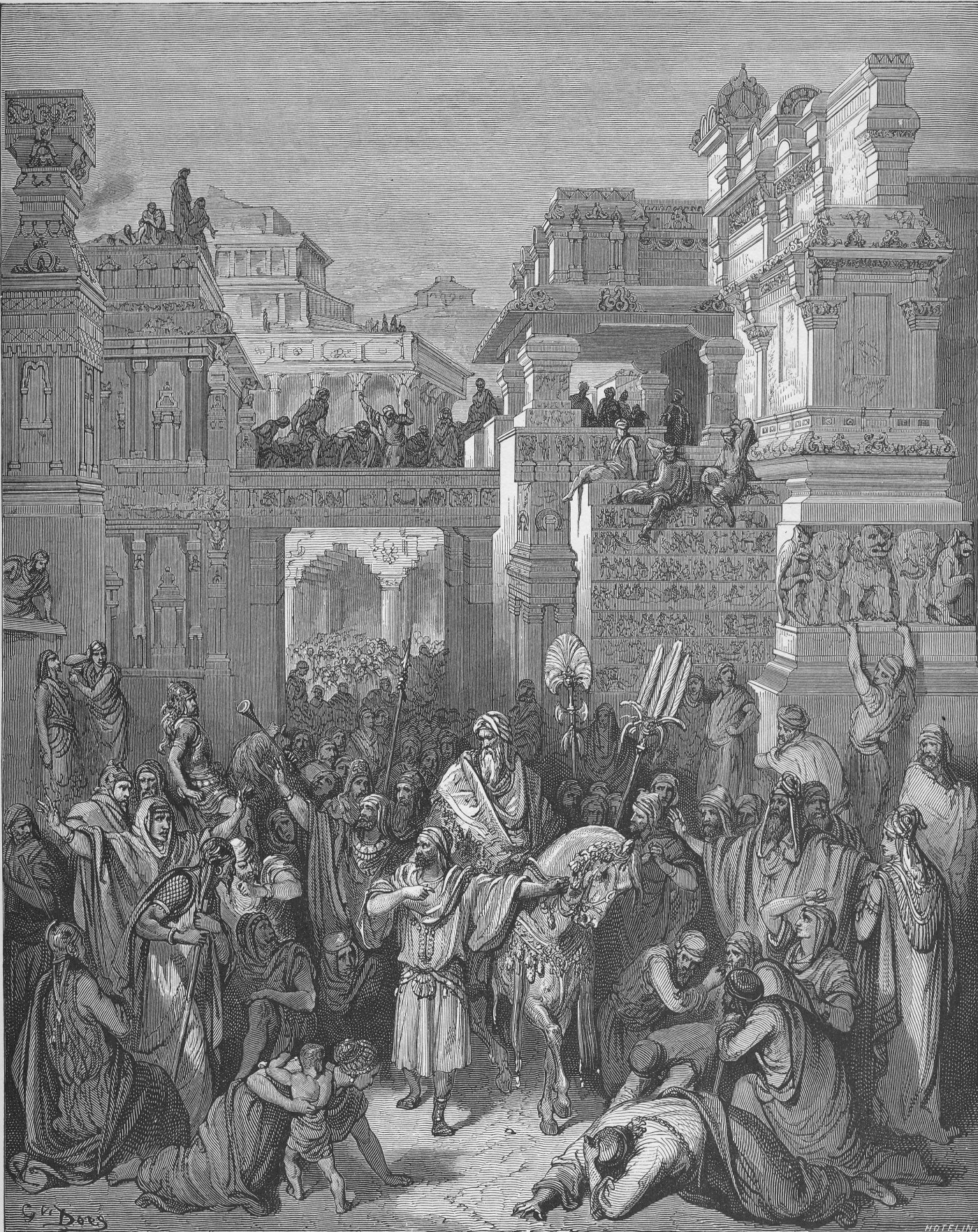 Triumph of Mordecai, wood engraving by Gustave Doré, illustrating Esther 6:11